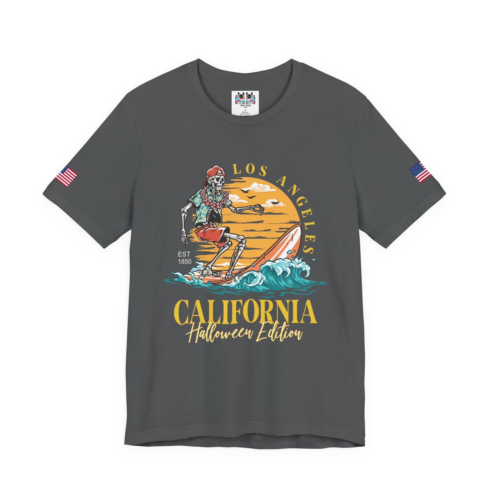 Los Angeles California Halloween Edition T-Shirt – Skeleton Surfer Beach EST 1850 Tee