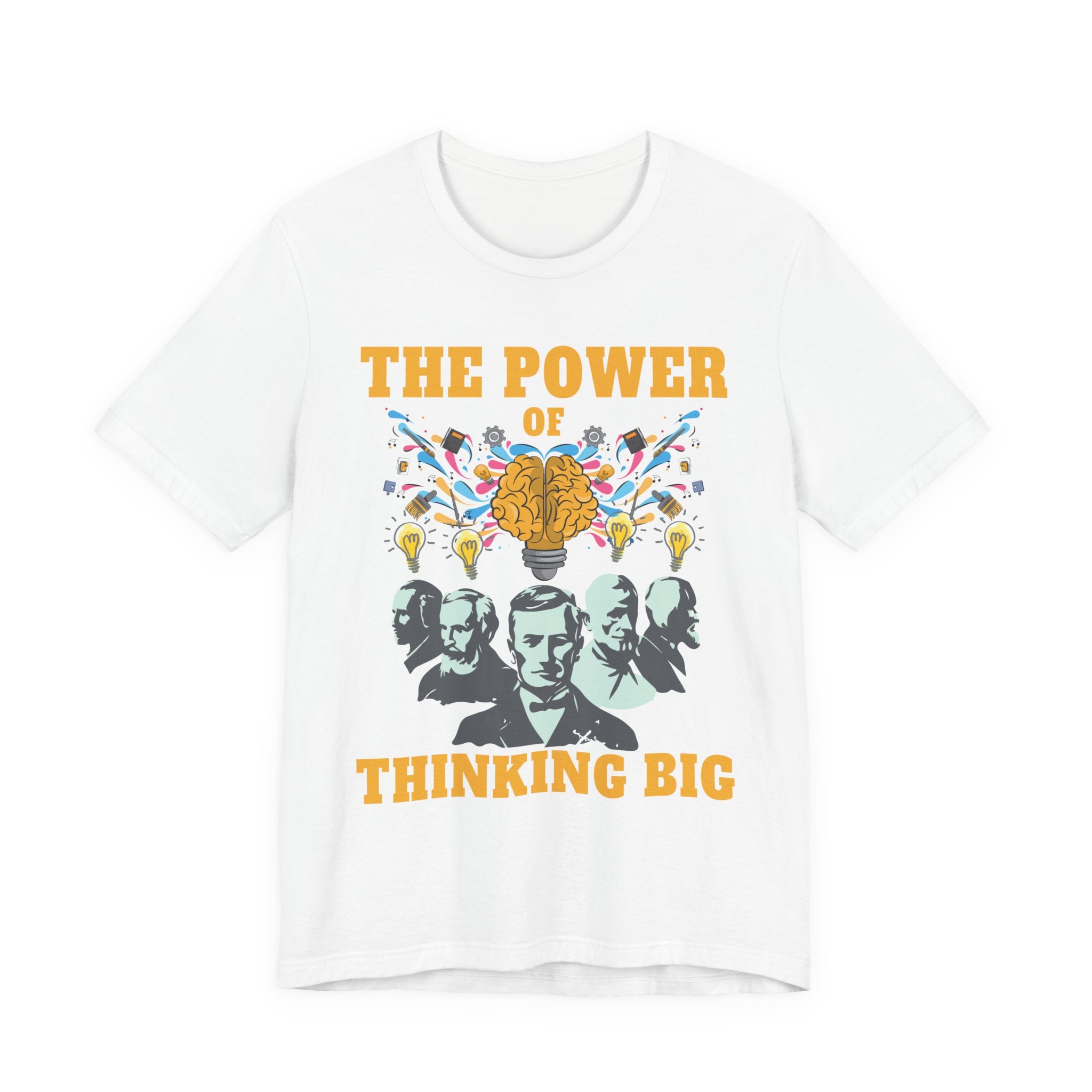 The Power of Thinking Big Tshirt – Brain with Great Scientists and Glowing Bulb Graphic