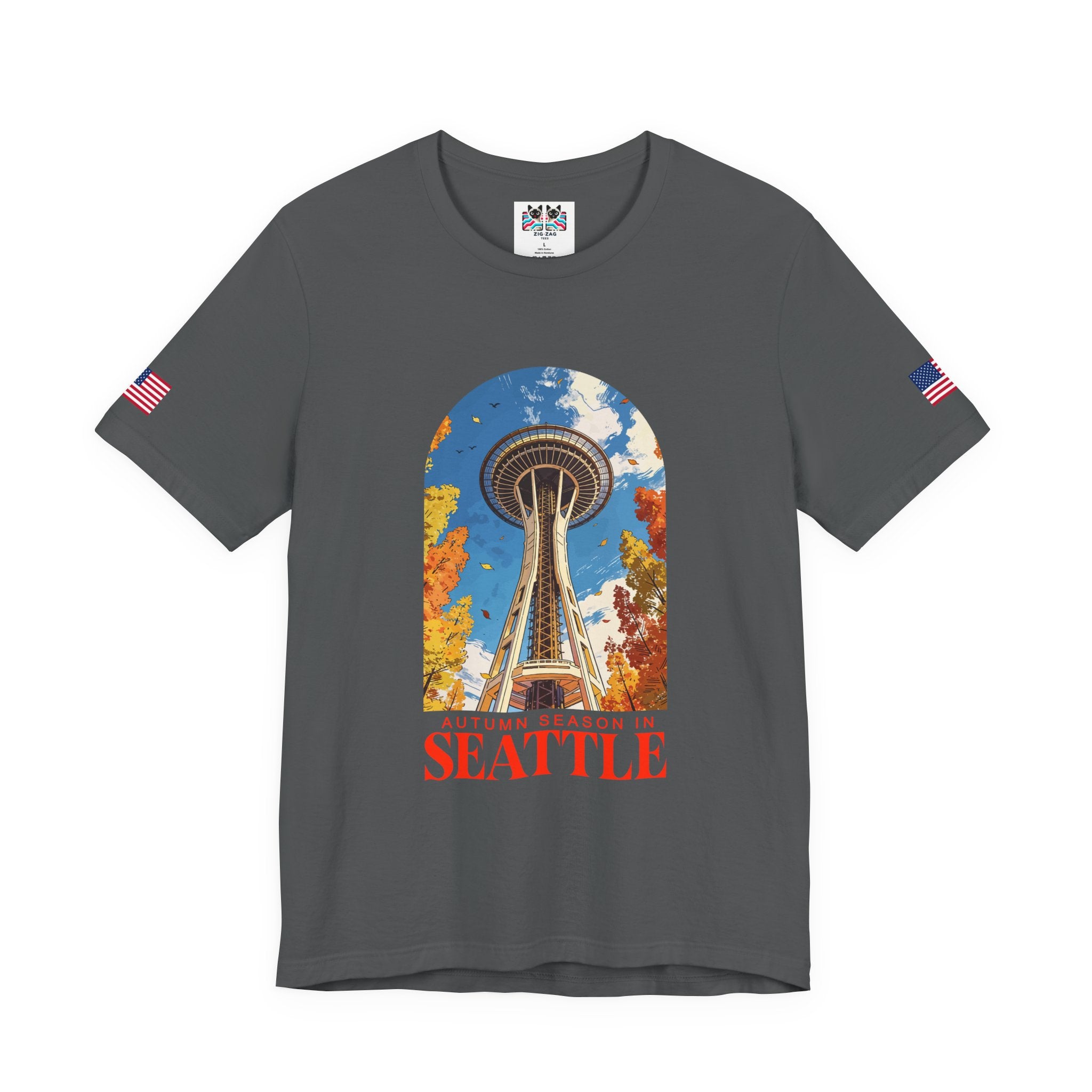 Autumn Season in Seattle Space Needle Fall Foliage T-Shirt | Seattle Fall Graphic Tee | Space Needle Seasonal Shirt