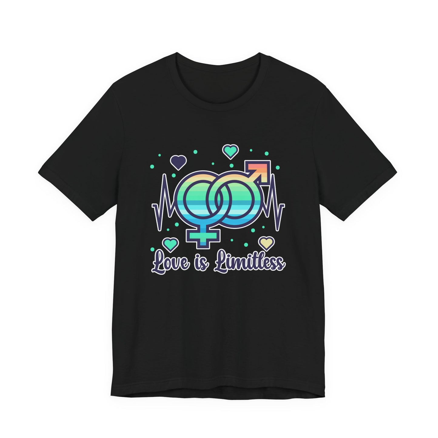 Love Is Limitless – Interconnected Gender Symbols & Heart Graphic T-Shirt