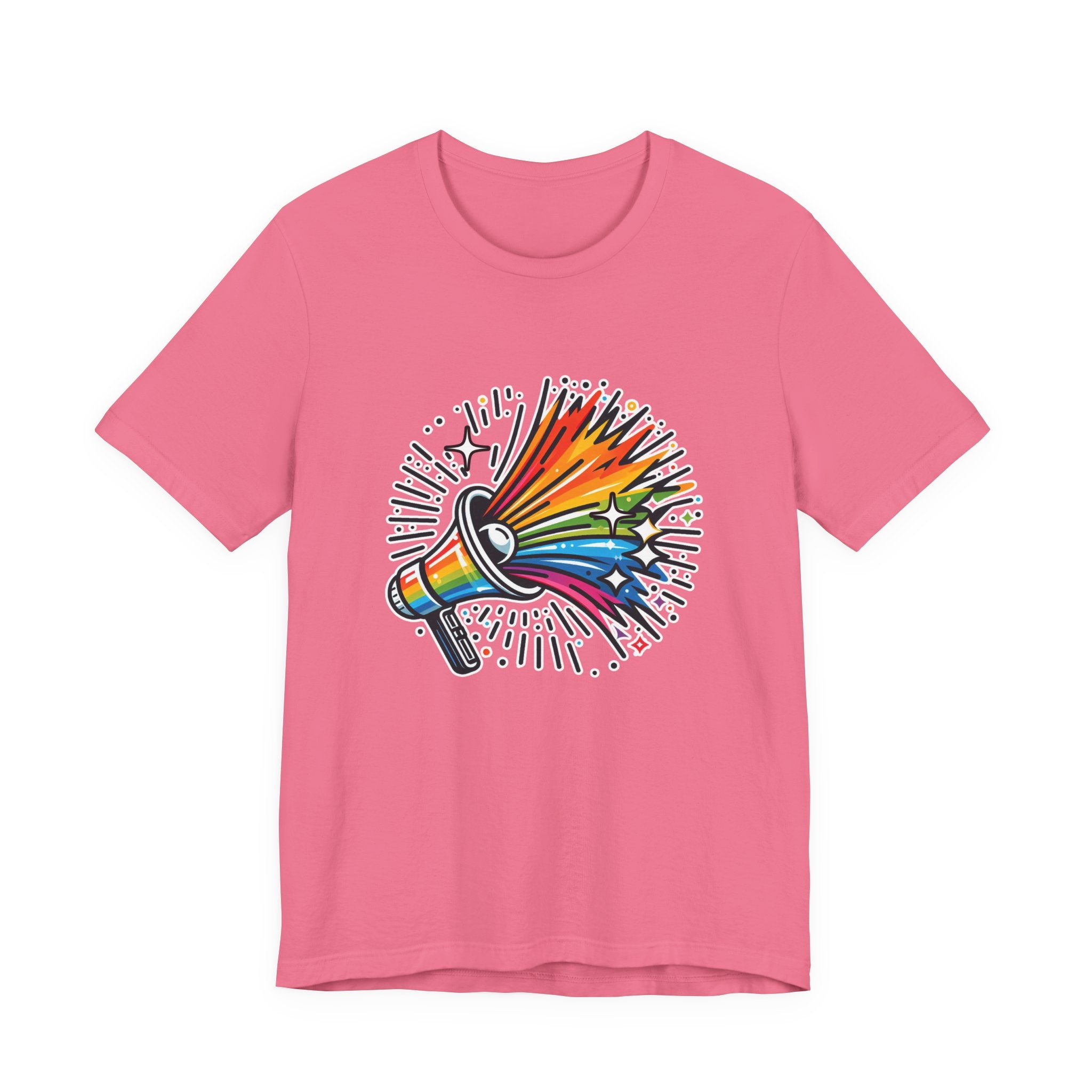 Proud & Loud – Colorful Handheld Speaker with Exploding Stars Graphic T-Shirt