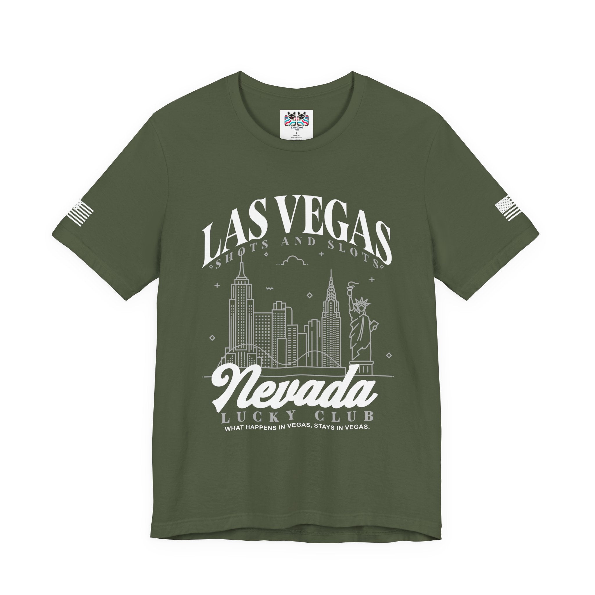 Las Vegas Shots and Slots Nevada Lucky Club Men's T-Shirt – Vegas Skyline Black Tee