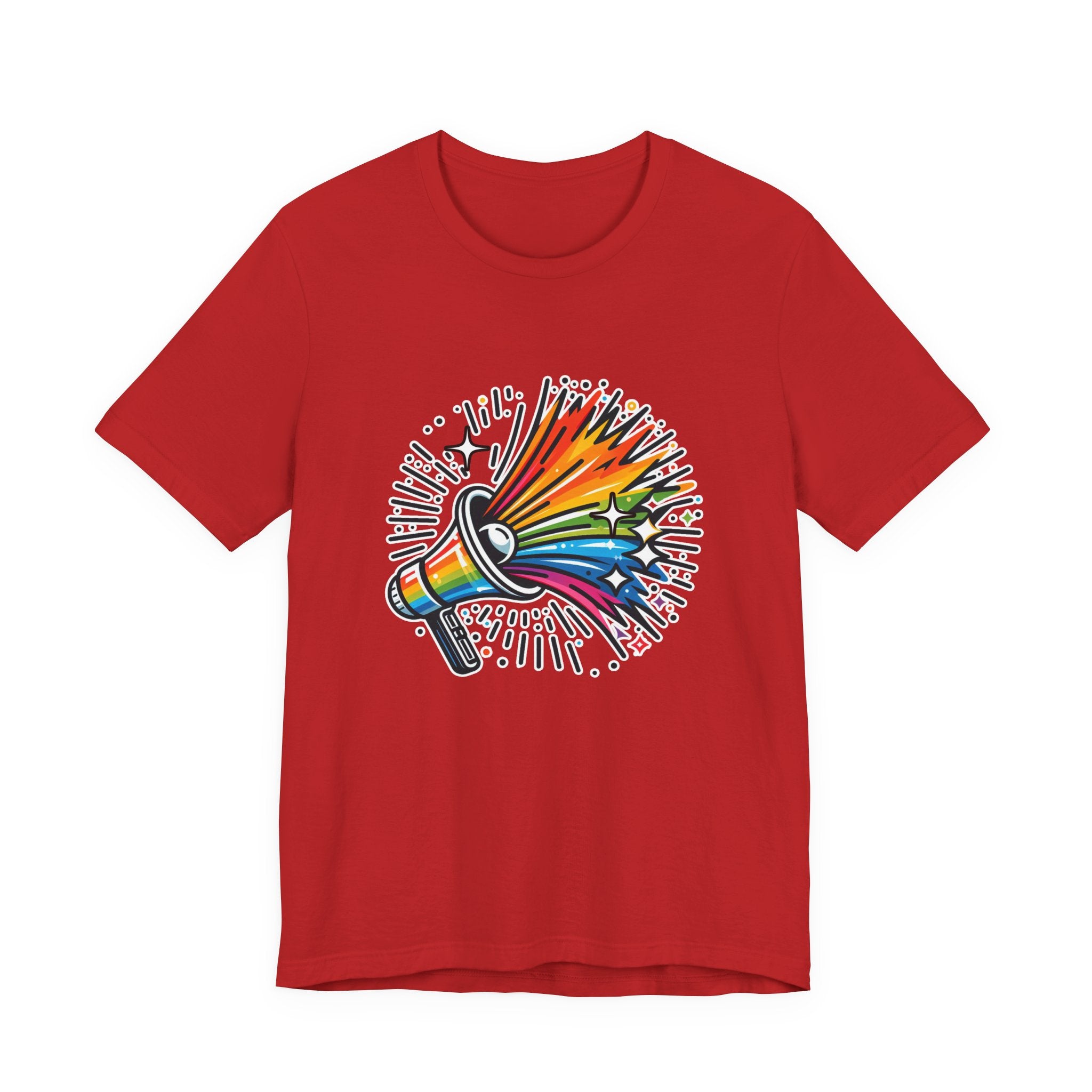 Proud & Loud – Colorful Handheld Speaker with Exploding Stars Graphic T-Shirt