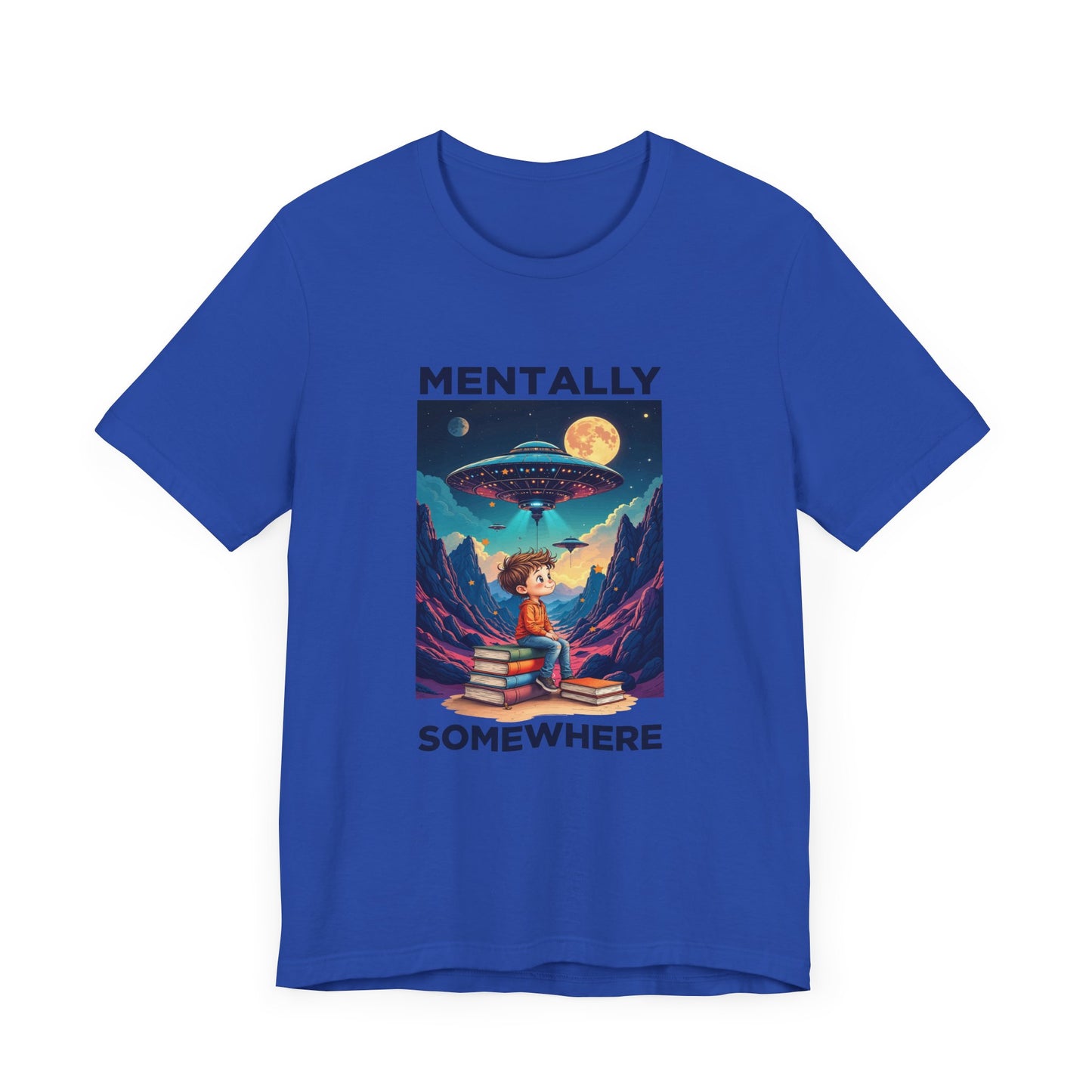 Mentally Somewhere Else – Boy on Books with Space Scene Graphic T-Shirt