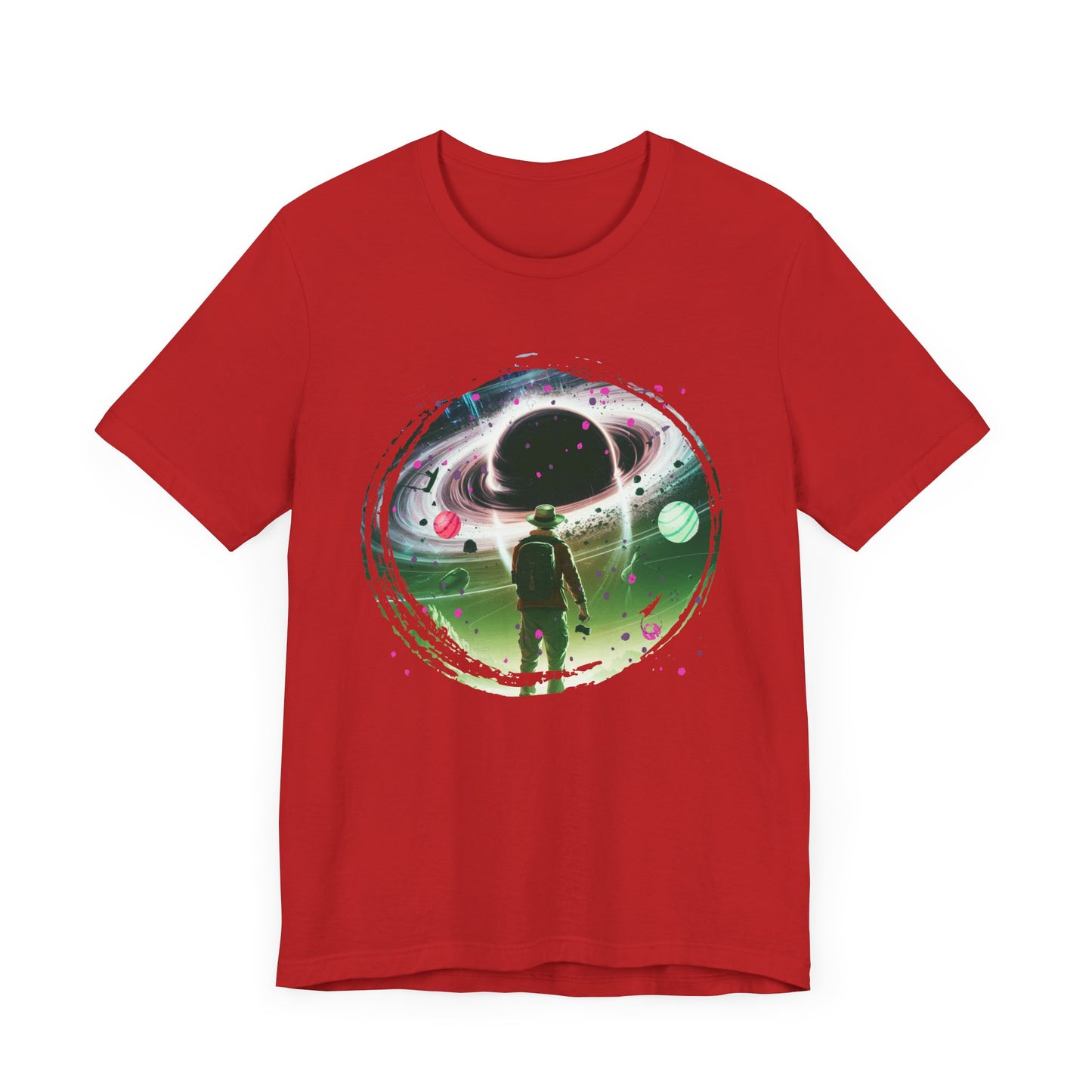 Shocked Traveler & Dramatic Planets | Backpacker Gazing at Planets Graphic T-Shirt