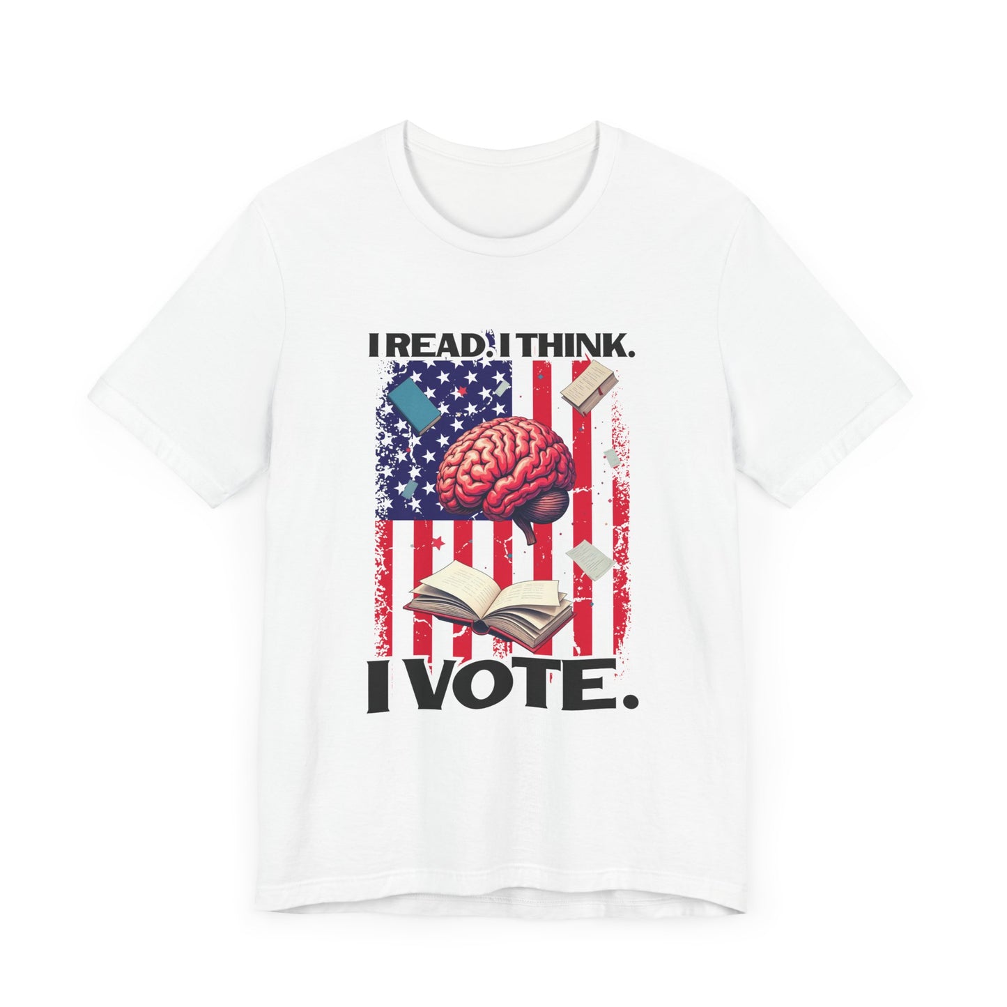 I READ I THINK I VOTE - Flag, Books & Brain Graphic T-Shirt