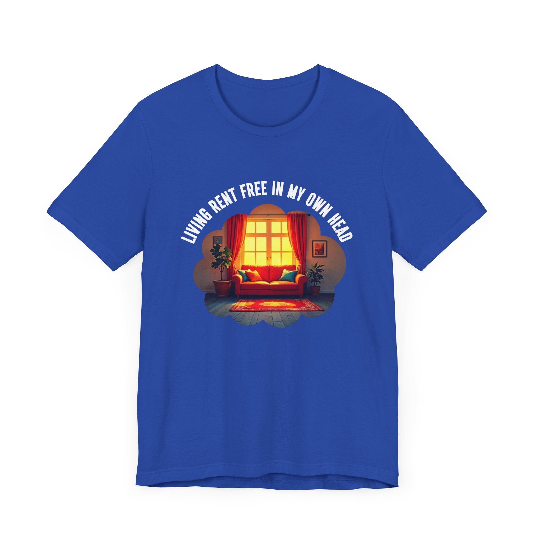 Living Rent Free in My Own Head – Cozy Living Room with Sofa & Sunlit Window Graphic T-Shirt