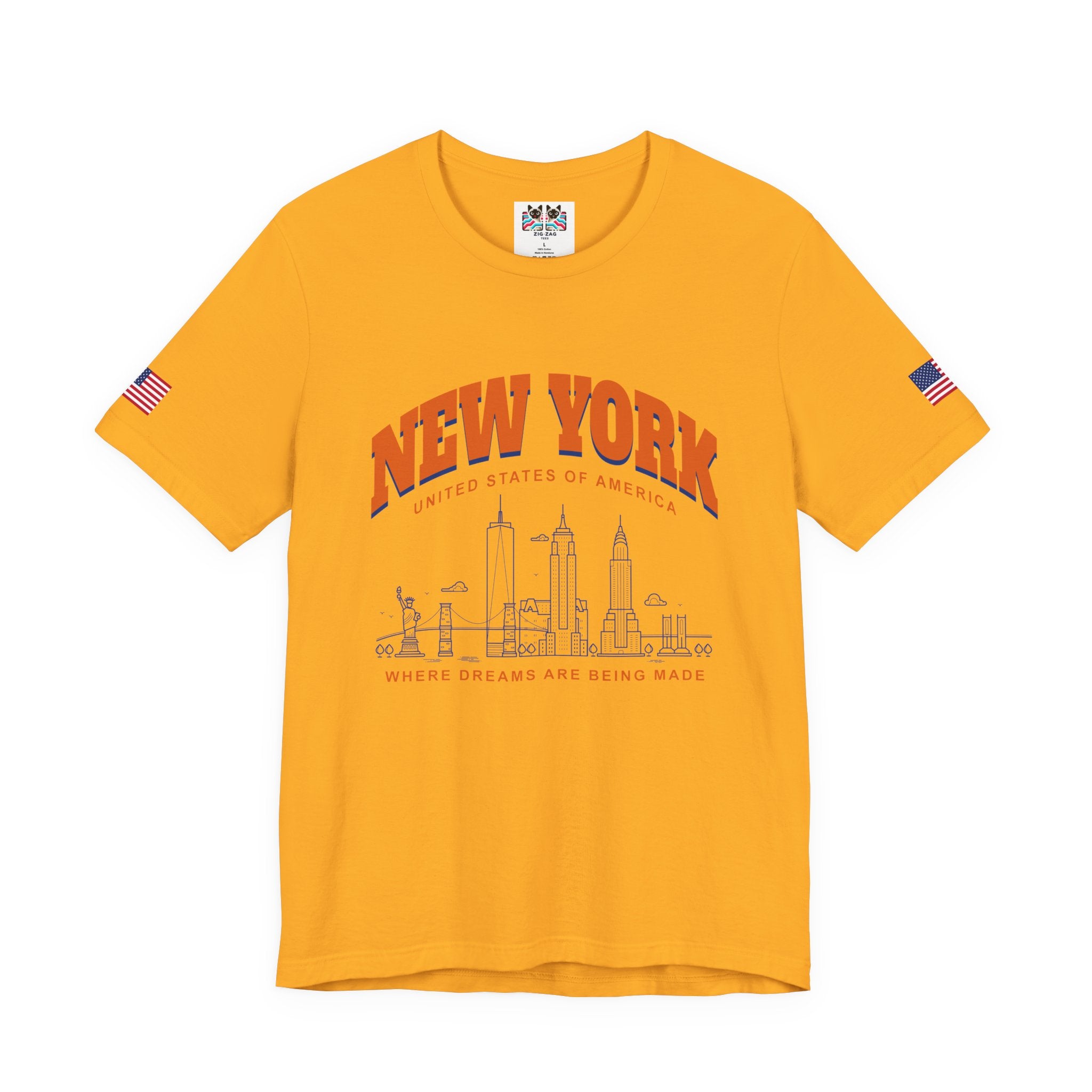 New York Dreams T-Shirt - Where Dreams Are Being Made USA Orange Blue Skyline