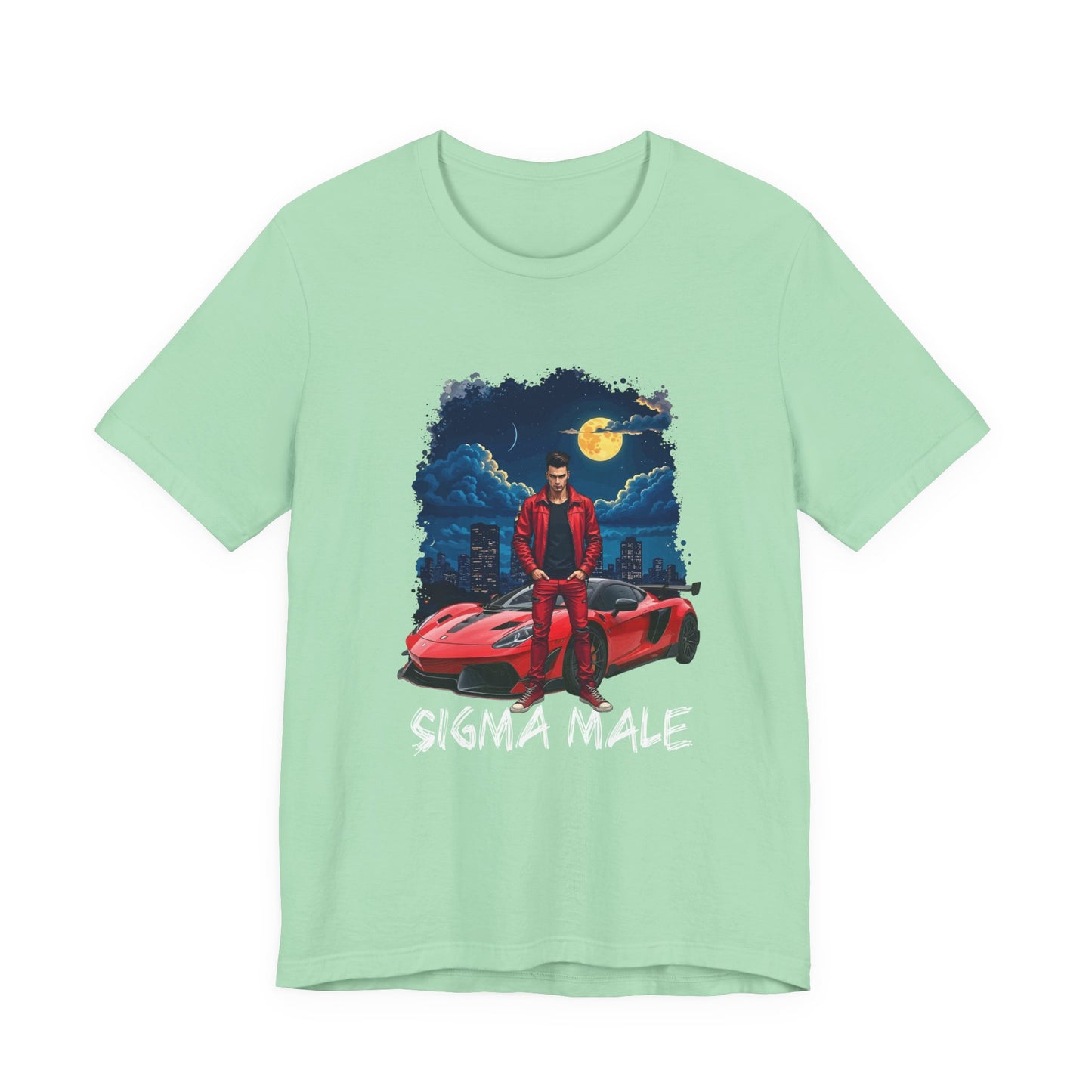 SIGMA MALE – Man in Red Jacket with Racing Car and Full Moon Graphic T-Shirt