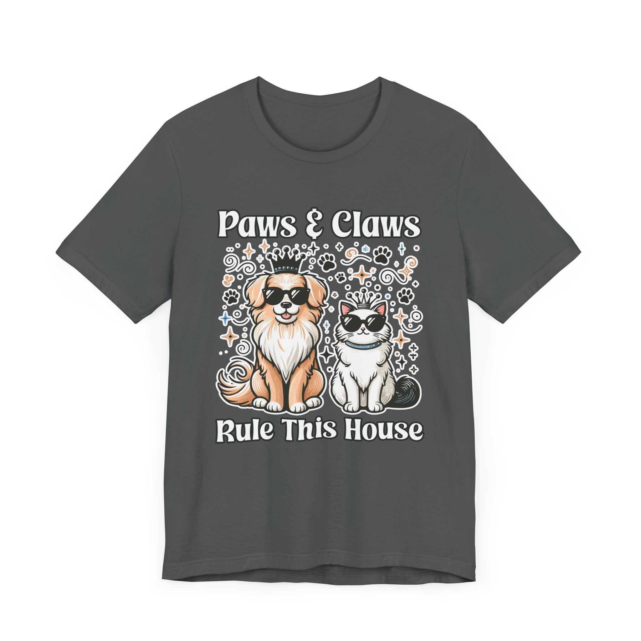 Paws and Claws Rule the House | Smiling Dog & Cat with Paw Shapes T-Shirt