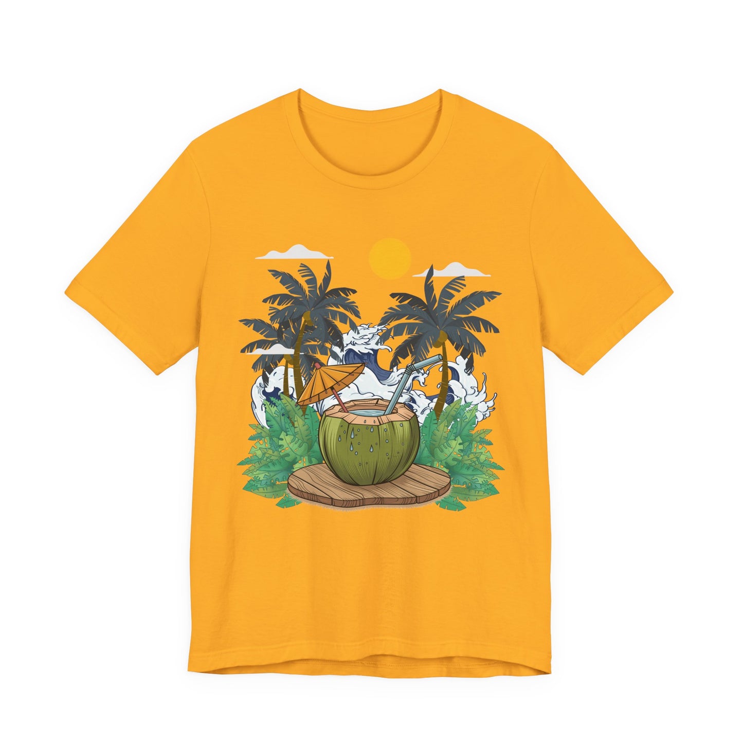 Paradise Found Tropical Refresh – Tender Coconut Drink with Palm Leaves & Ocean Waves Graphic T-Shirt