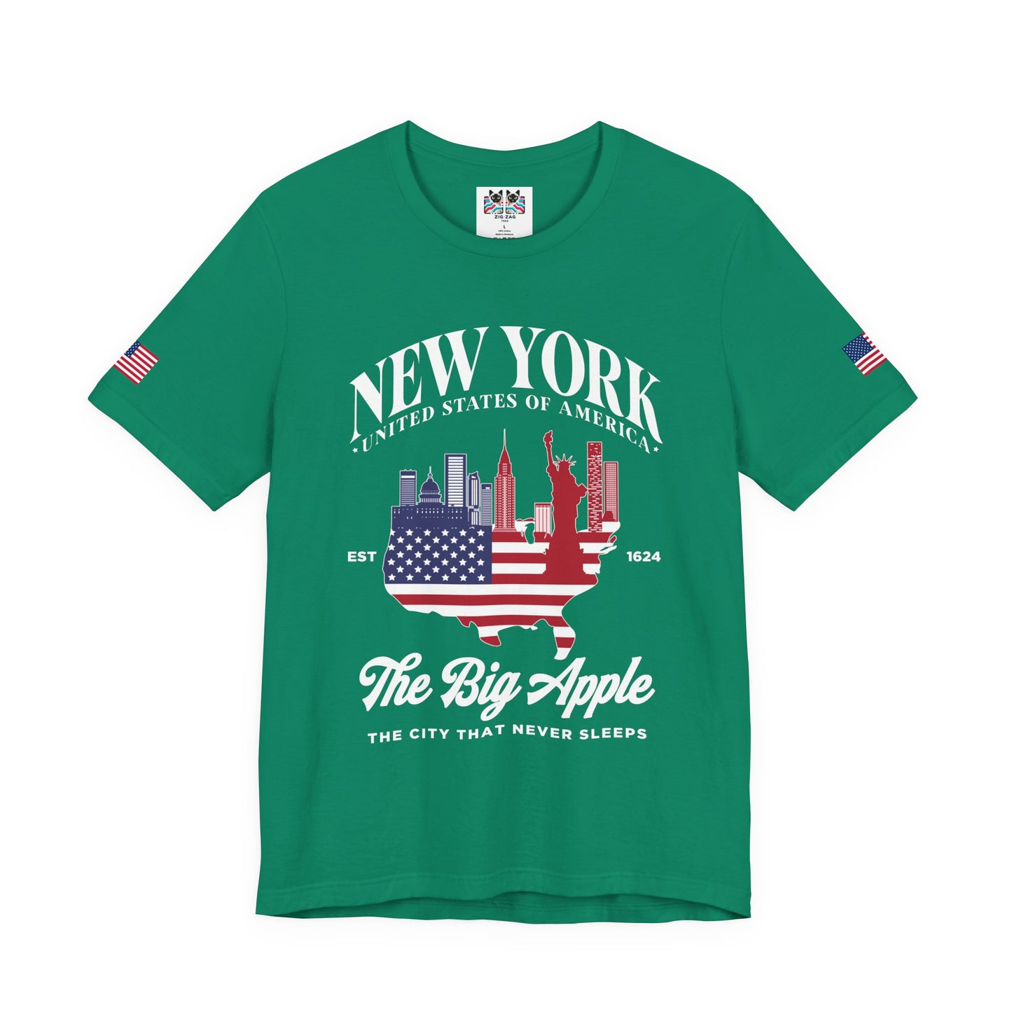 New York The Big Apple T-Shirt - NYC Skyline USA Flag Design Est 1624