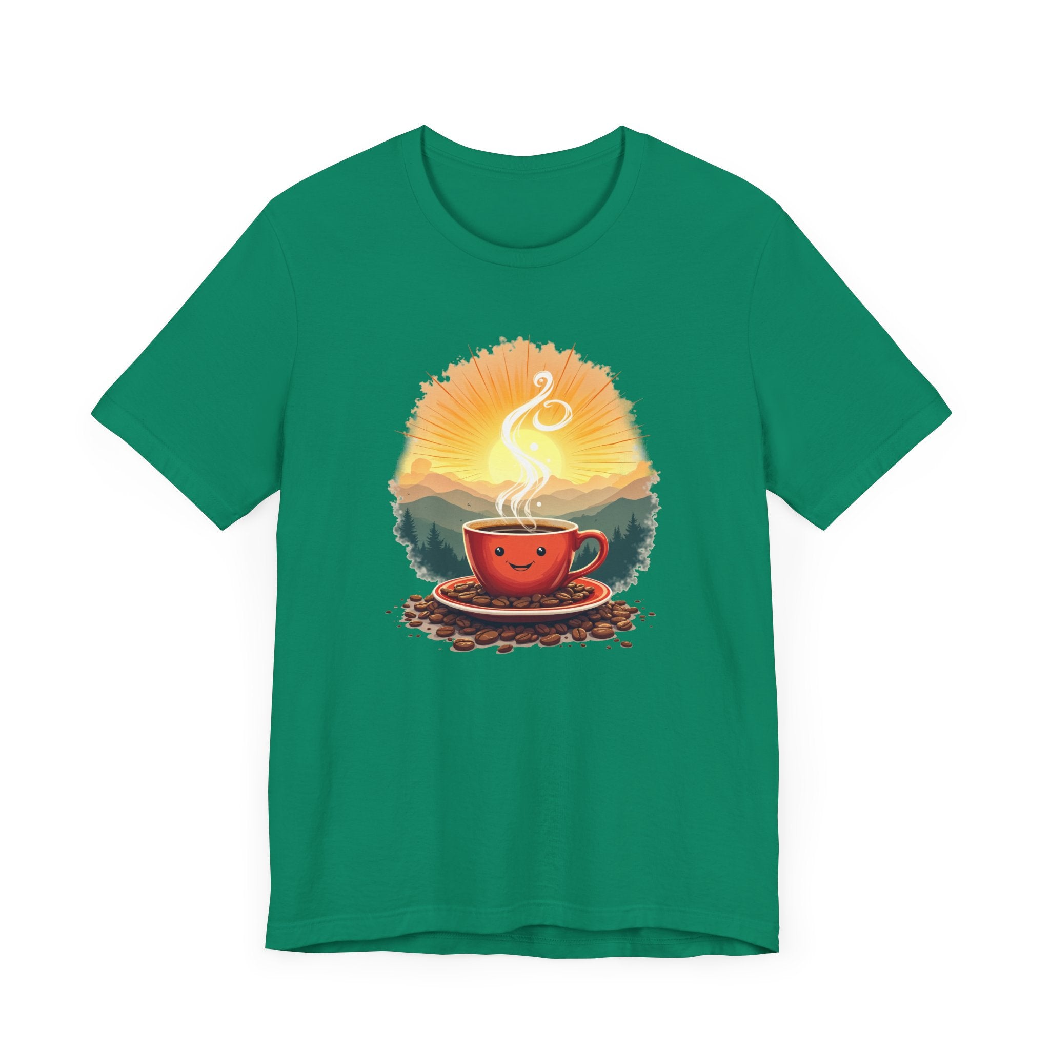 Sunrise Coffee Cup with Coffee Beans and Radiant Morning Glow Graphic T-Shirt