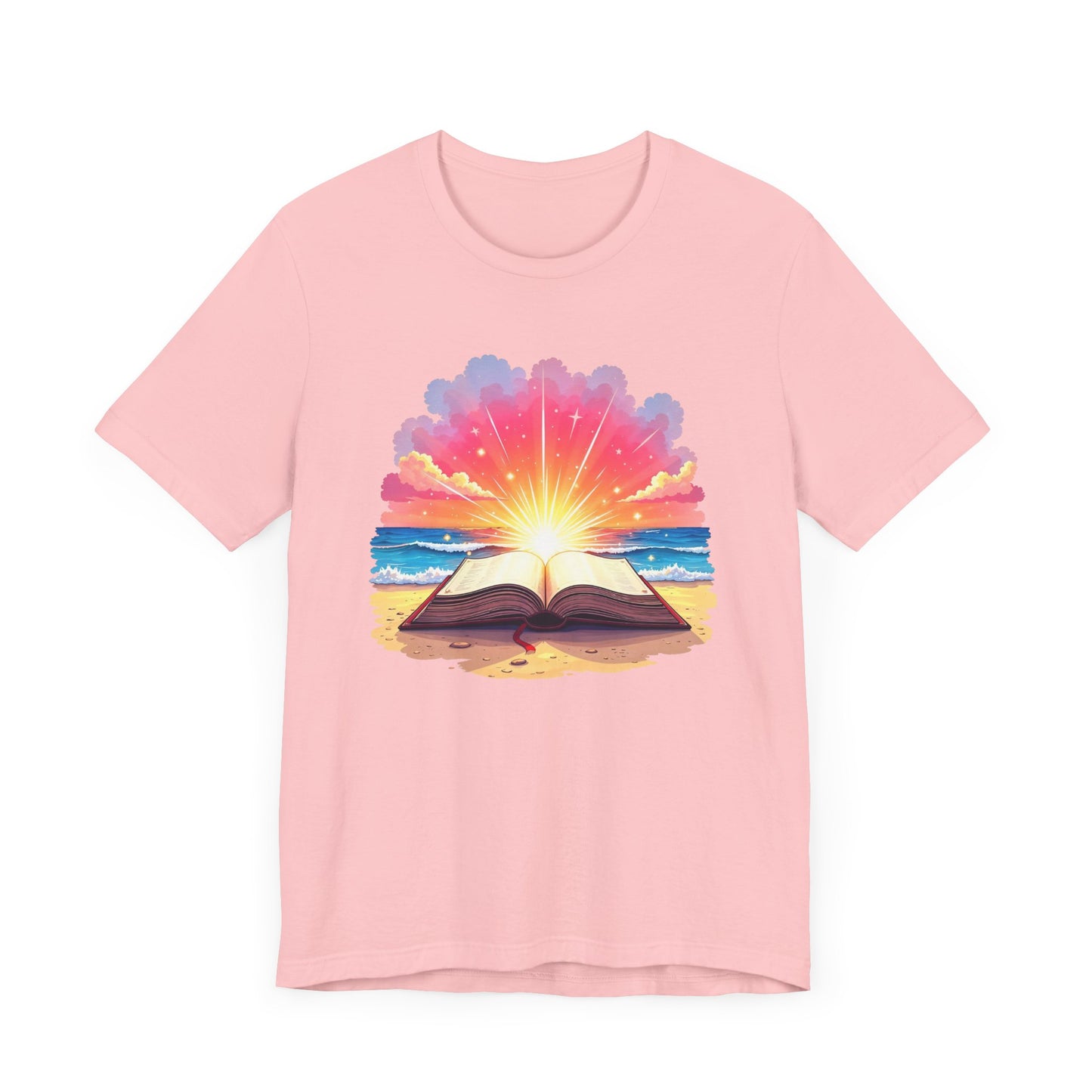 Magical Open Book on Beach with Radiant Flashlight Graphic T-Shirt