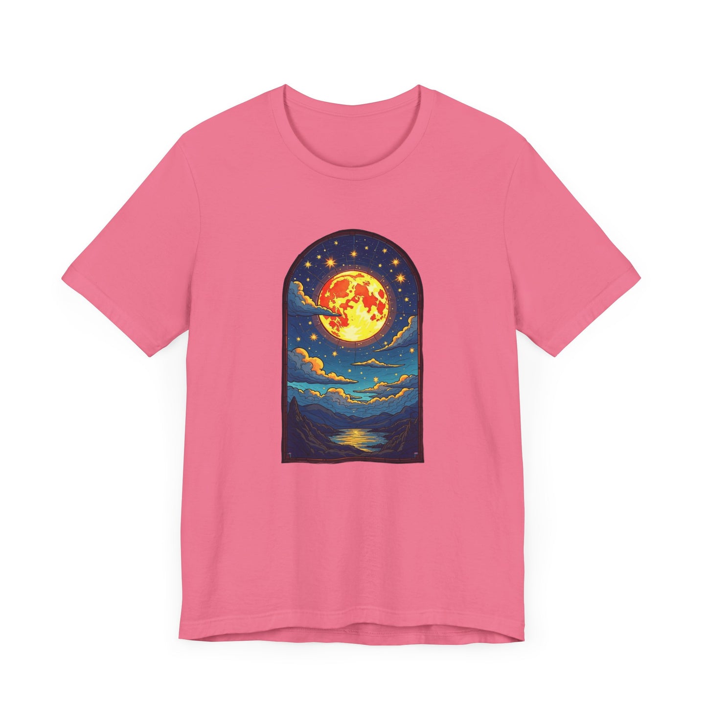 Castle Window View of Glowing Full Moon with Reflection and Stars Graphic T-Shirt