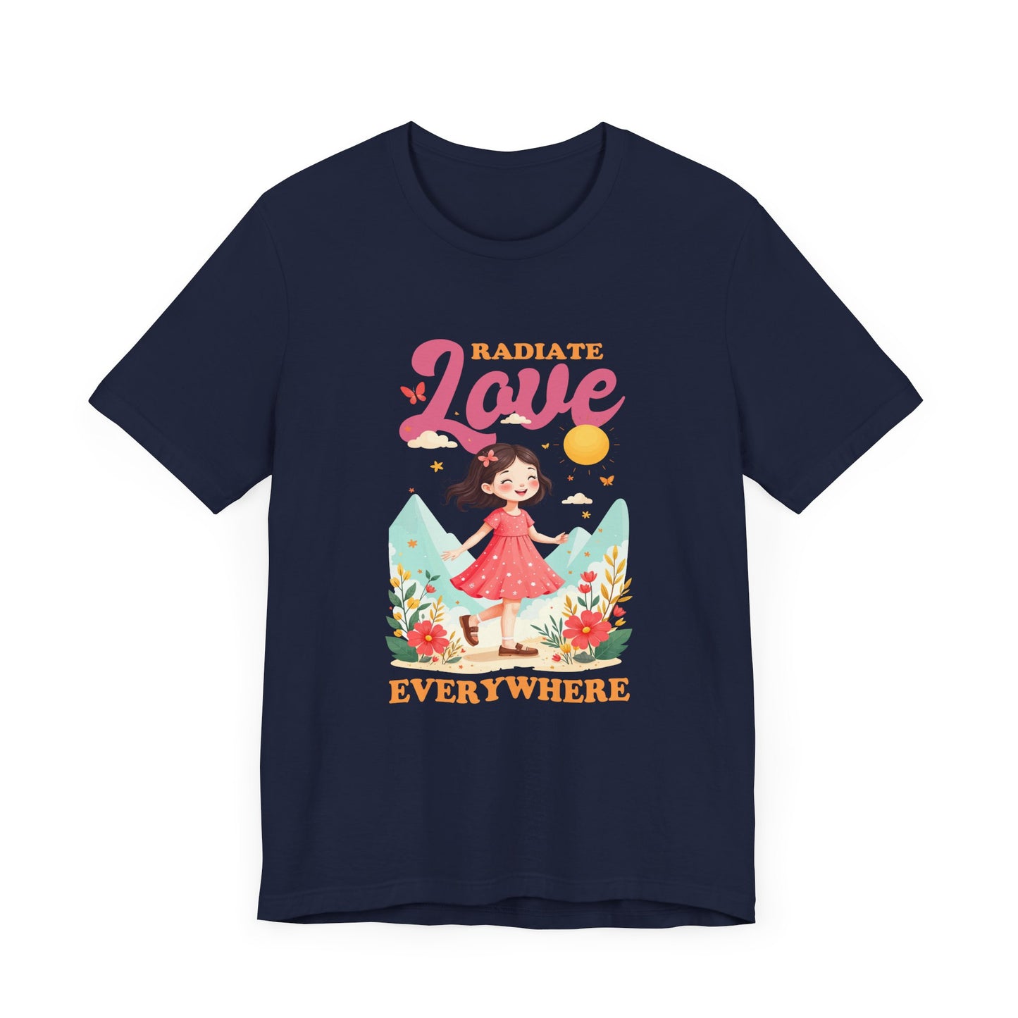 Radiate LOVE Everywhere – Happy Girl Walking in Flower Garden with Butterflies Graphic T-Shirt