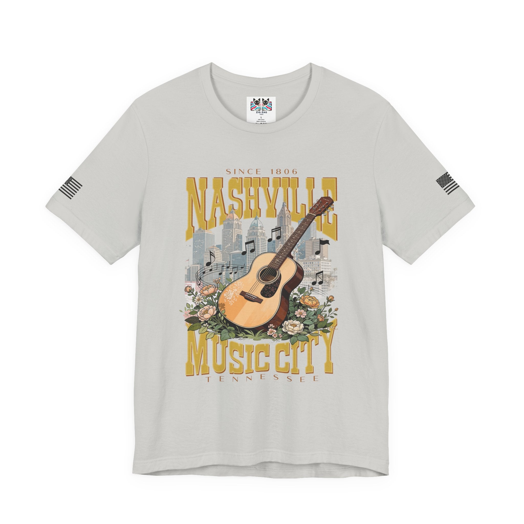 Nashville Music City Since 1806 T-Shirt – Acoustic Guitar Skyline Floral Graphic Tee Tennessee