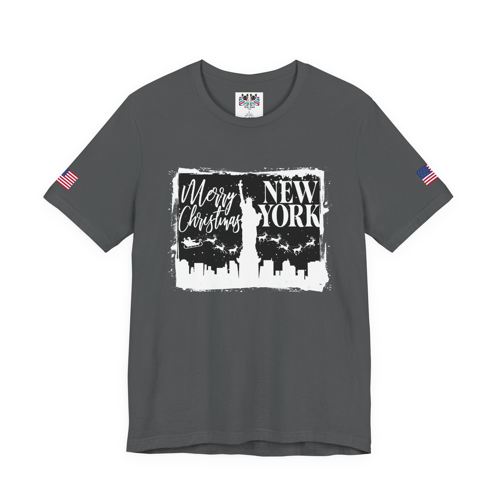 Merry Christmas New York T-Shirt - NYC Holiday Skyline with Santa & Statue of Liberty
