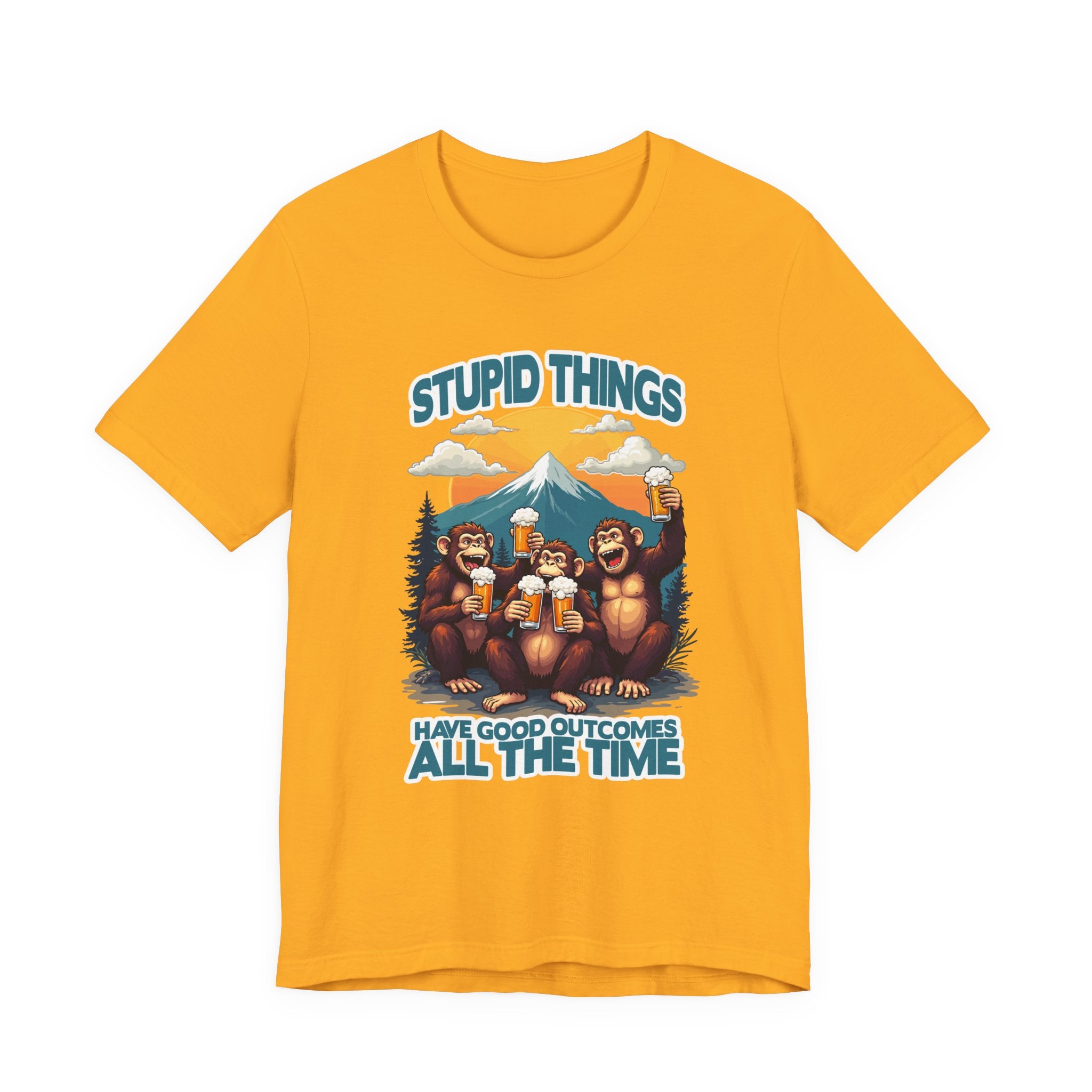 Stupid Things Have Good Outcomes Tshirt – Three Monkeys Cheers with Beer Mugs & Mountain Scene