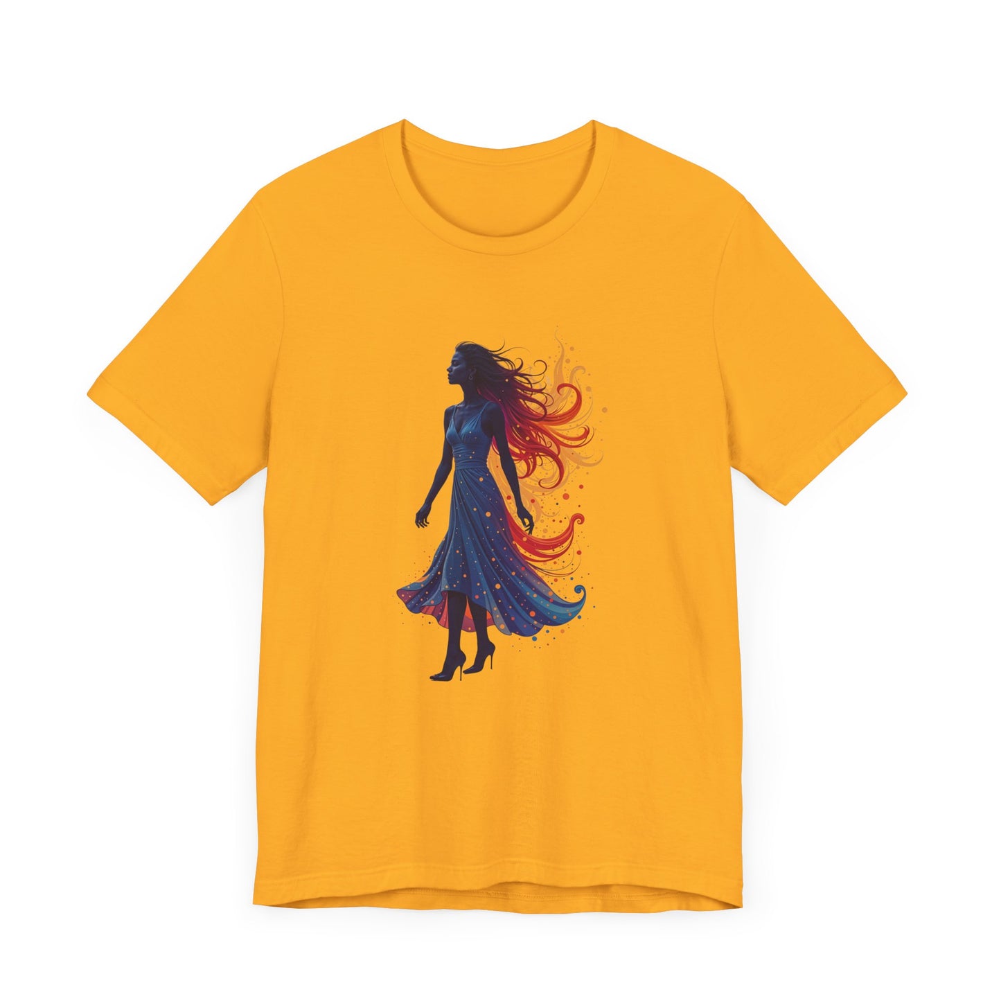 Graceful Woman with Swirling Autumn Aura – Abstract Colorful Swirl Graphic T-Shirt