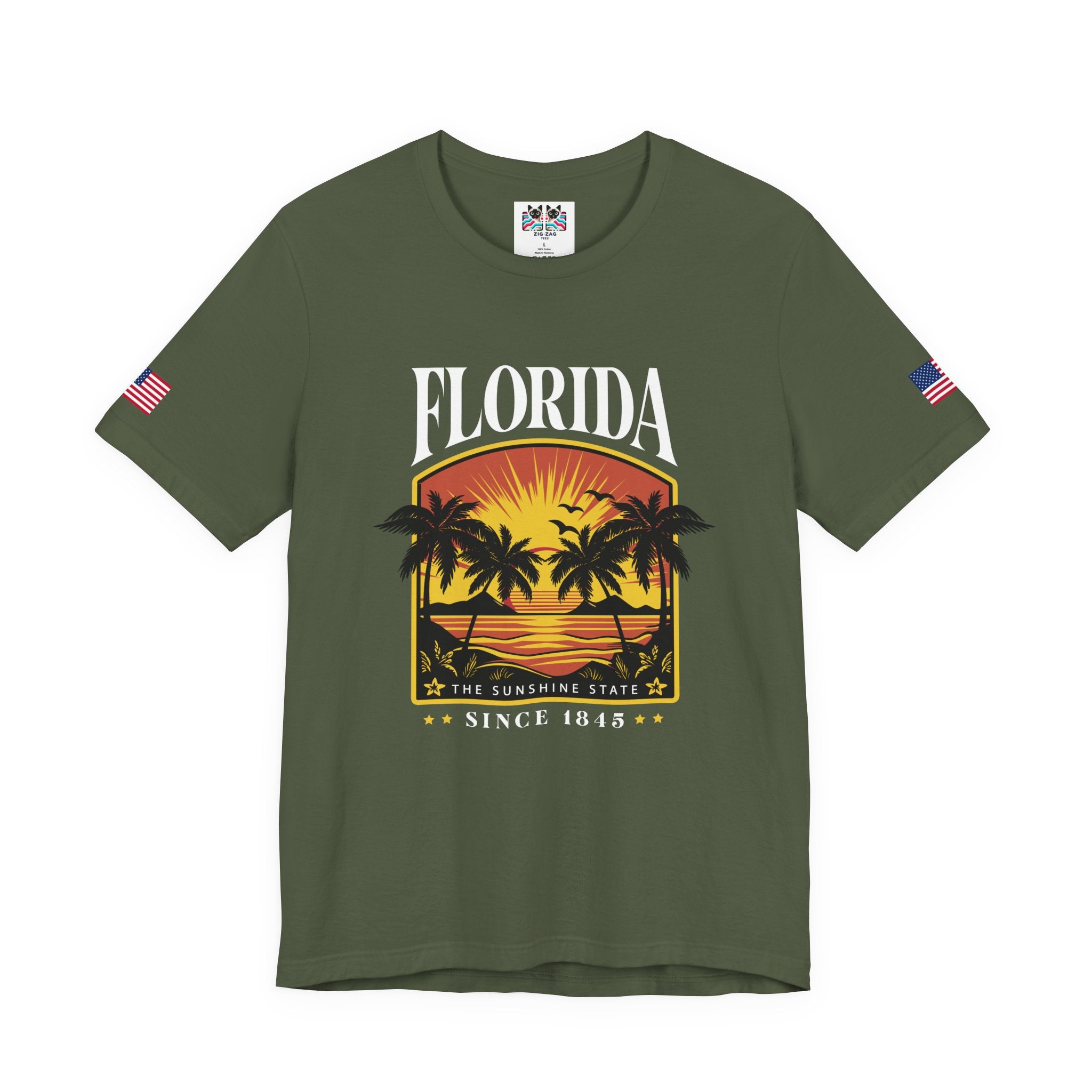 Florida The Sunshine State Since 1845 T-Shirt – Retro Badge Palm Tree Sunset Graphic Tee