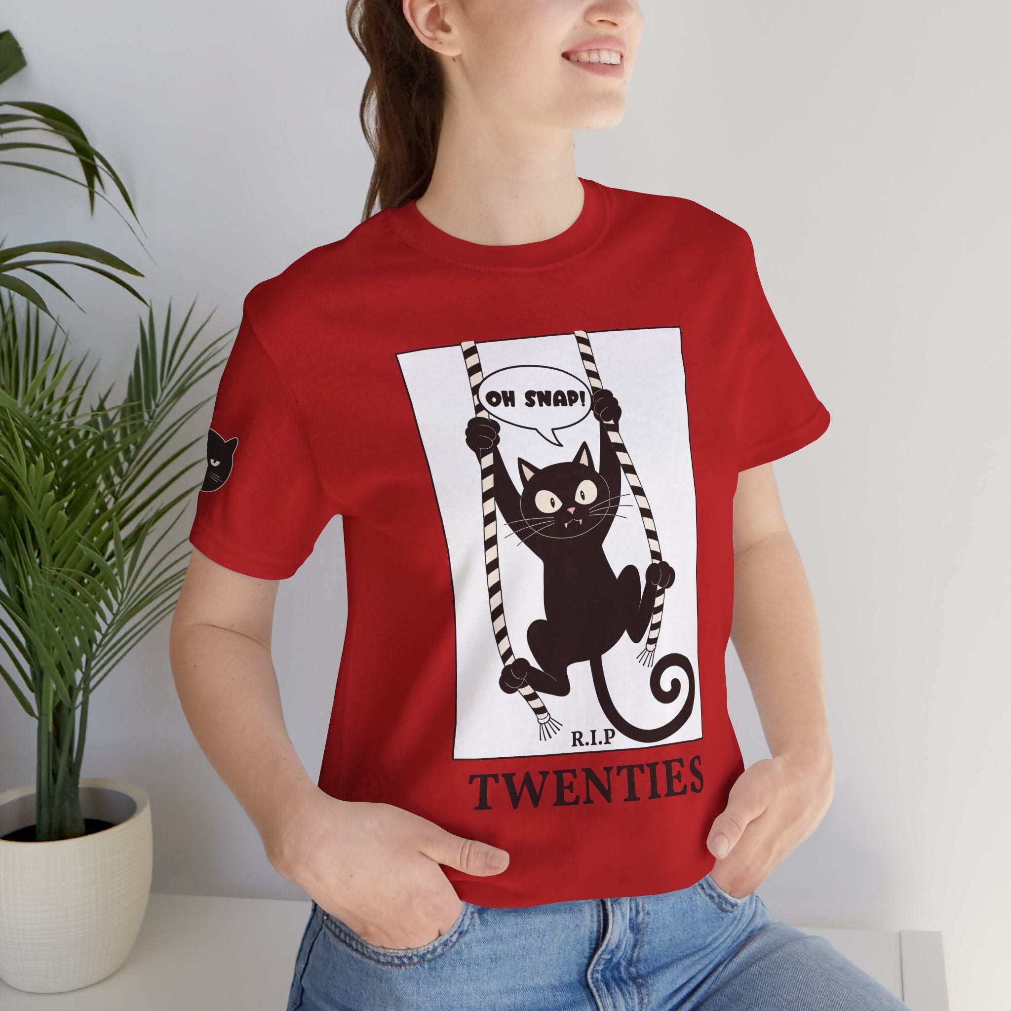 Custom T-Shirt - Oh Snap Funny Cat T-Shirt – Cat Hanging from Blinds Mischievous Kitten Humor Graphic Tee