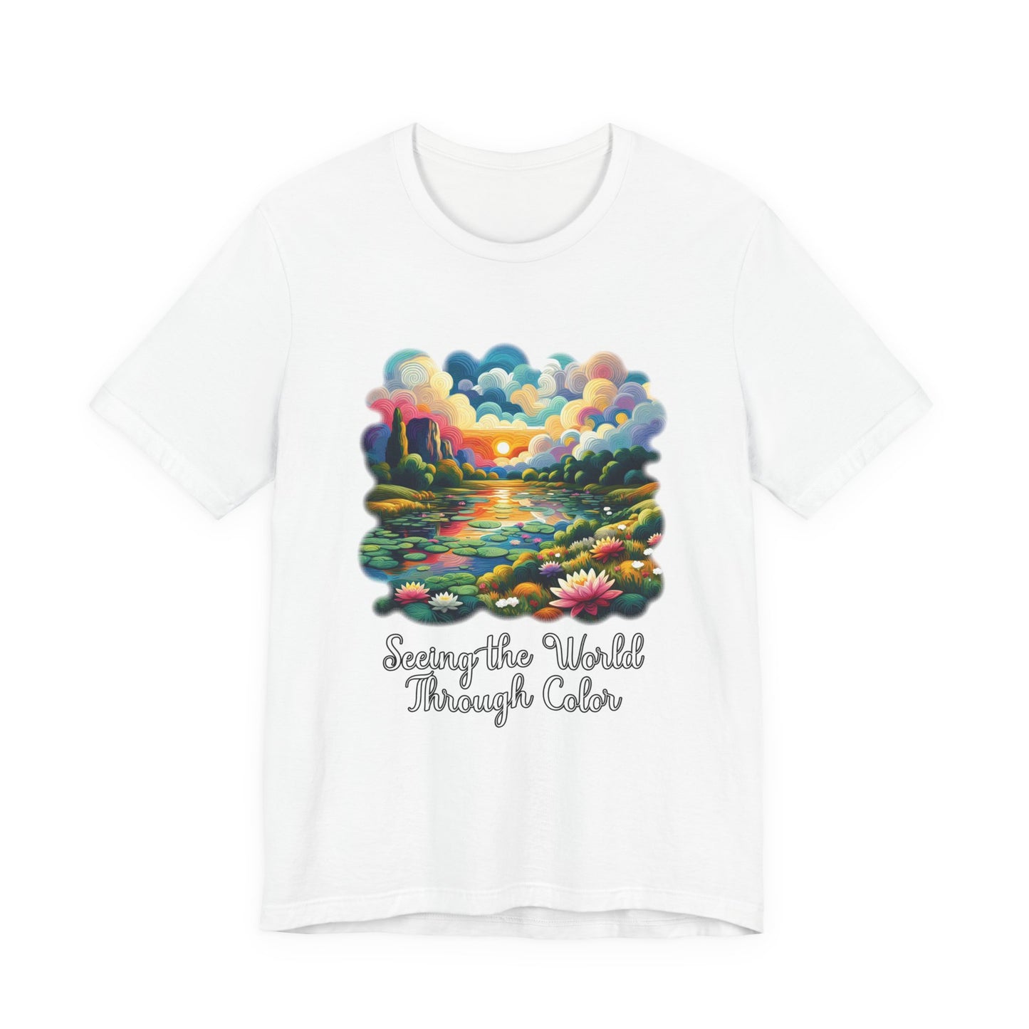 Impressionist Seeing the World Through Color Tshirt – Colorful Lotus Pond with Sunset Graphic