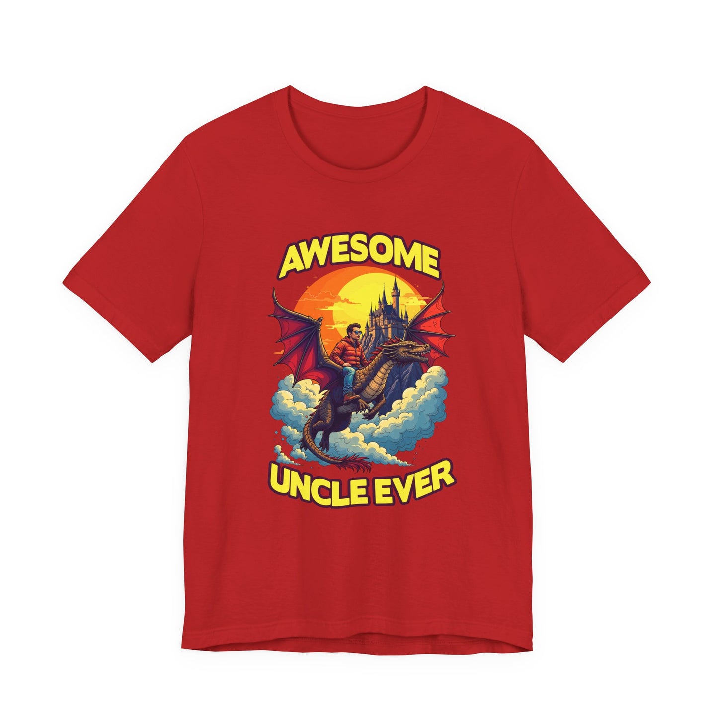Awesome Uncle Ever Tshirt Man Riding Large Dragon Flying in Clouds with Castle in background