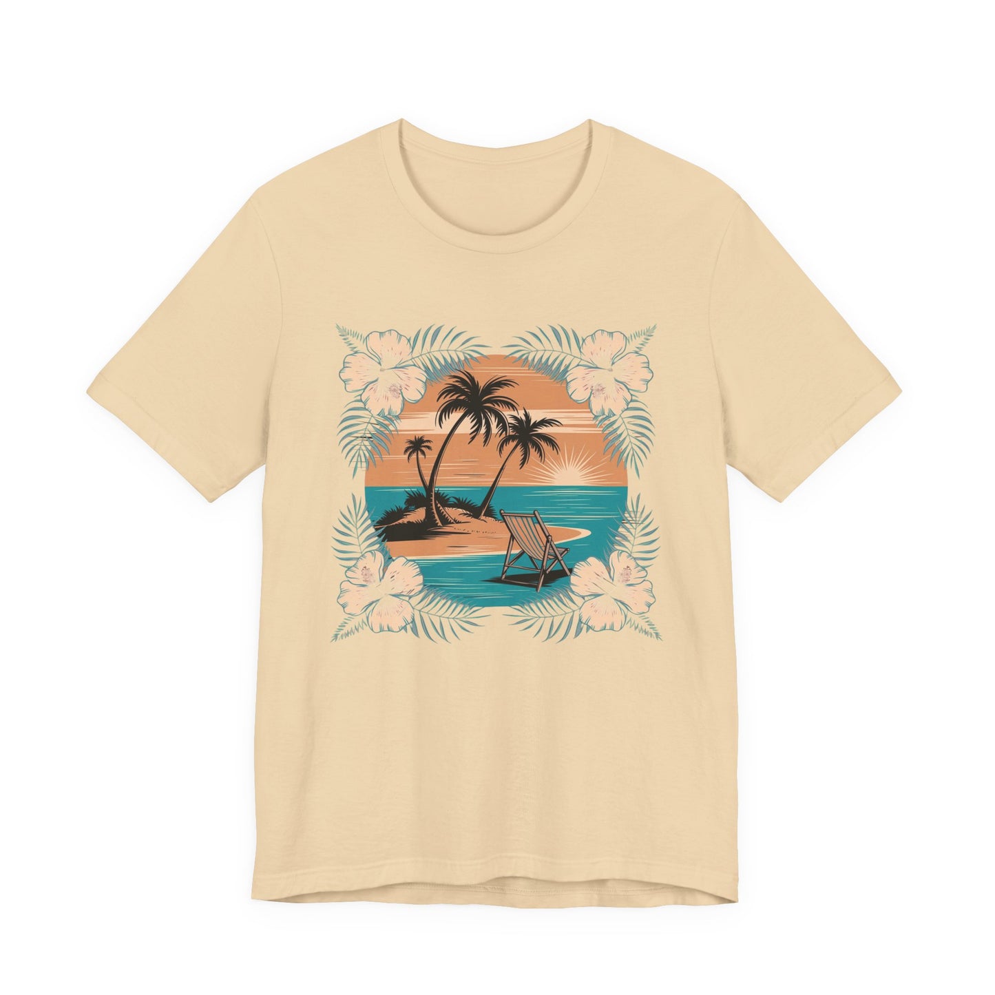 Tropical Escape – Beach Island Sunset with Floral Border Graphic T-Shirt