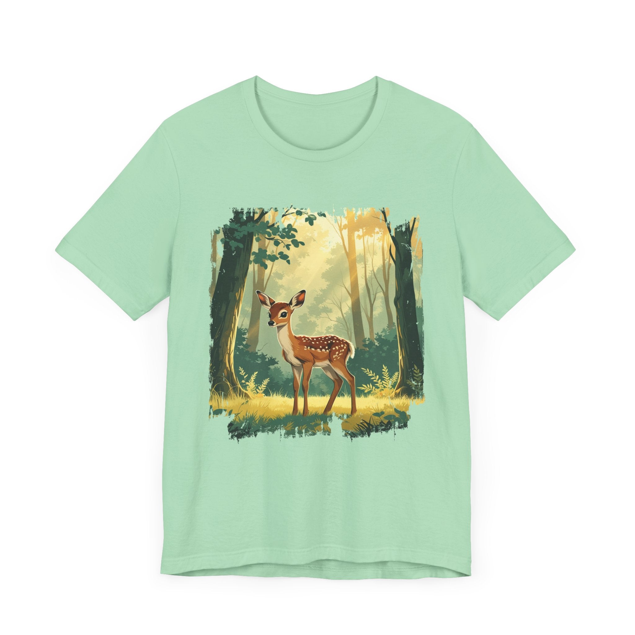 Curious Baby Deer Standing in serene forest with Sunlight Through Trees Graphic T-Shirt