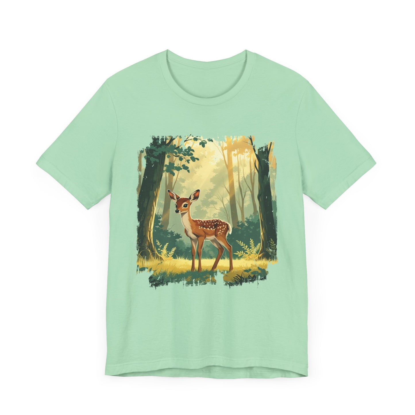 Curious Baby Deer Standing in serene forest with Sunlight Through Trees Graphic T-Shirt