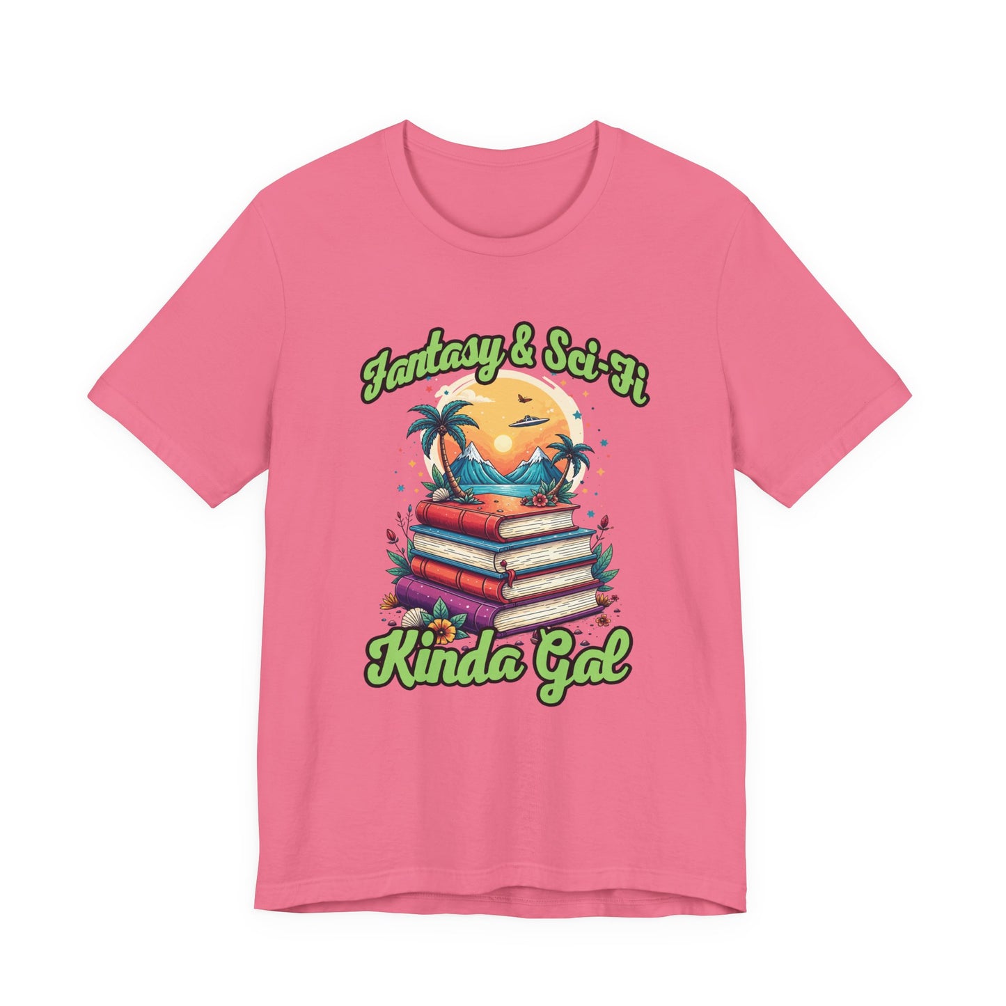 Fantasy And SciFi Kinda Gal Tshirt with Stacked Books with Flowers, Trees, Mountains and UFO