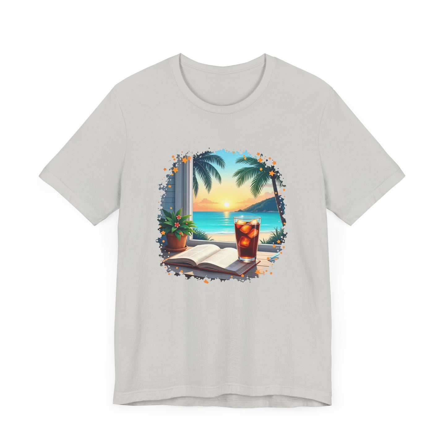 Romanticize Everything - Beachside Serenity – Table with Book, Drink & Flower Pot by Window Graphic T-Shirt