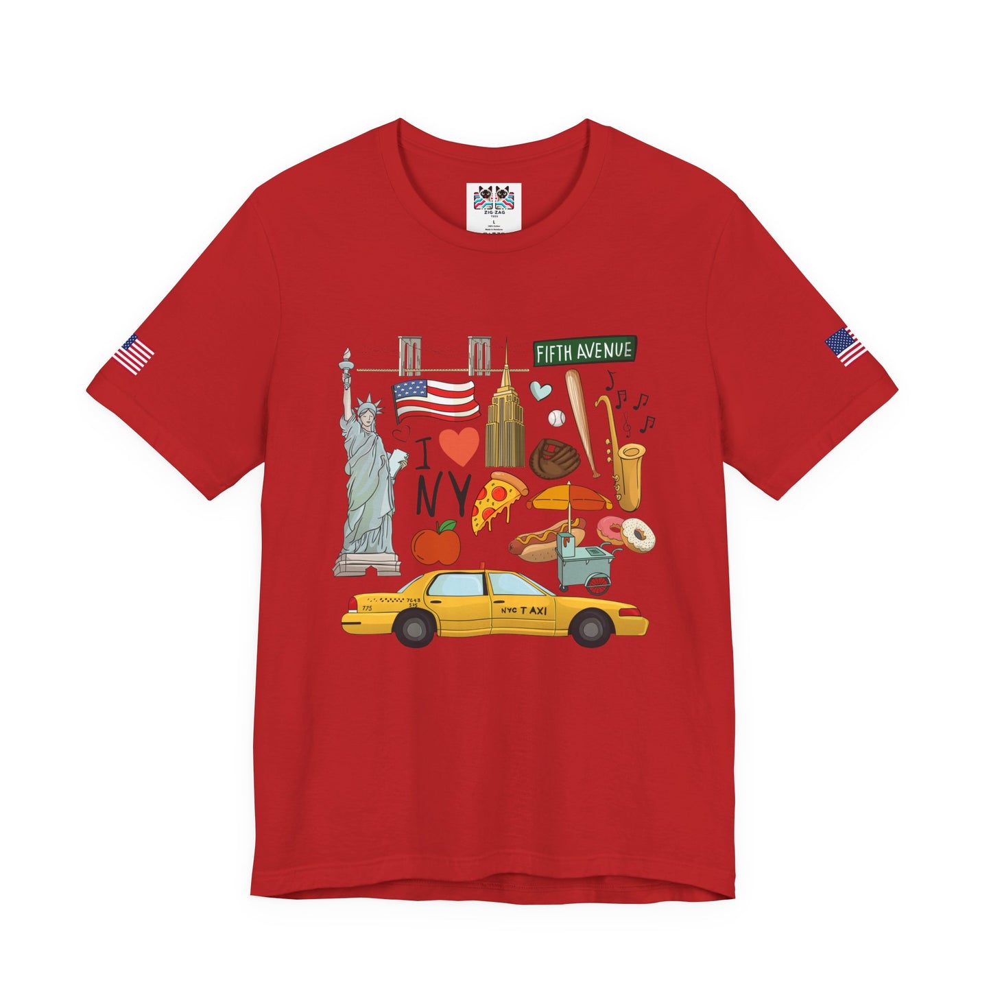 I Love NY T-Shirt - New York City Icons Graphic Tee with Statue of Liberty, Taxi & Food