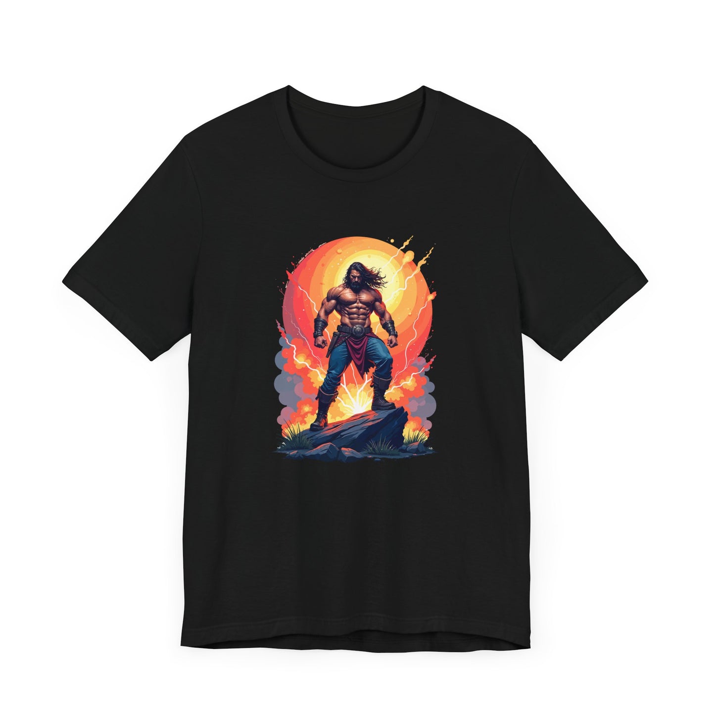 Power Unleashed – Strong Man on Rock with Lightning, Smoke & Fire Splash Graphic T-Shirt