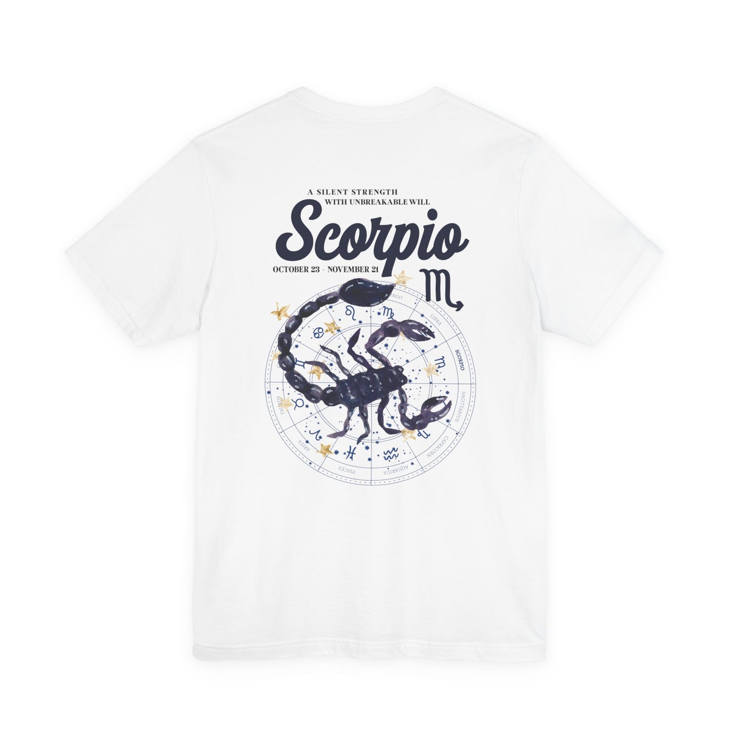 Scorpio Silent Strength T-Shirt – Scorpion with Zodiac Calendar Background