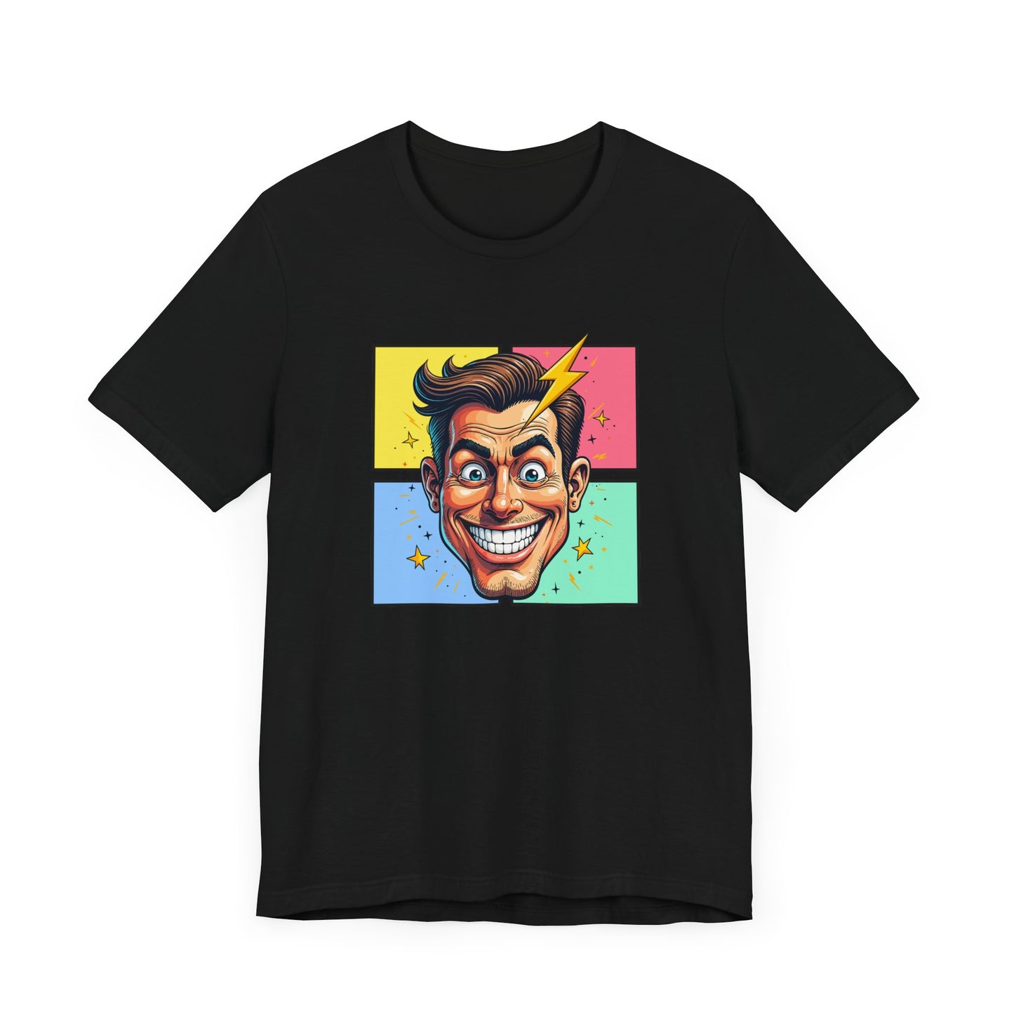 Funny Man’s Face with Lightning Forehead and Colorful Quadrant Stars Emotions Graphic T-Shirt