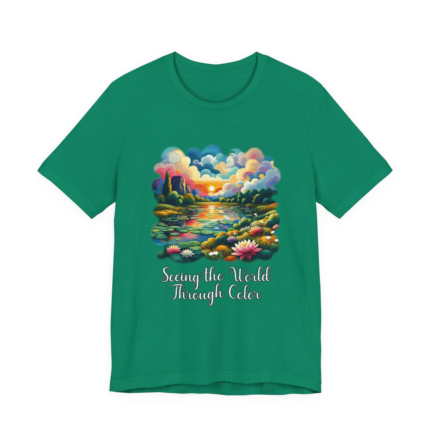 Impressionist Seeing the World Through Color Tshirt – Colorful Lotus Pond with Sunset Graphic