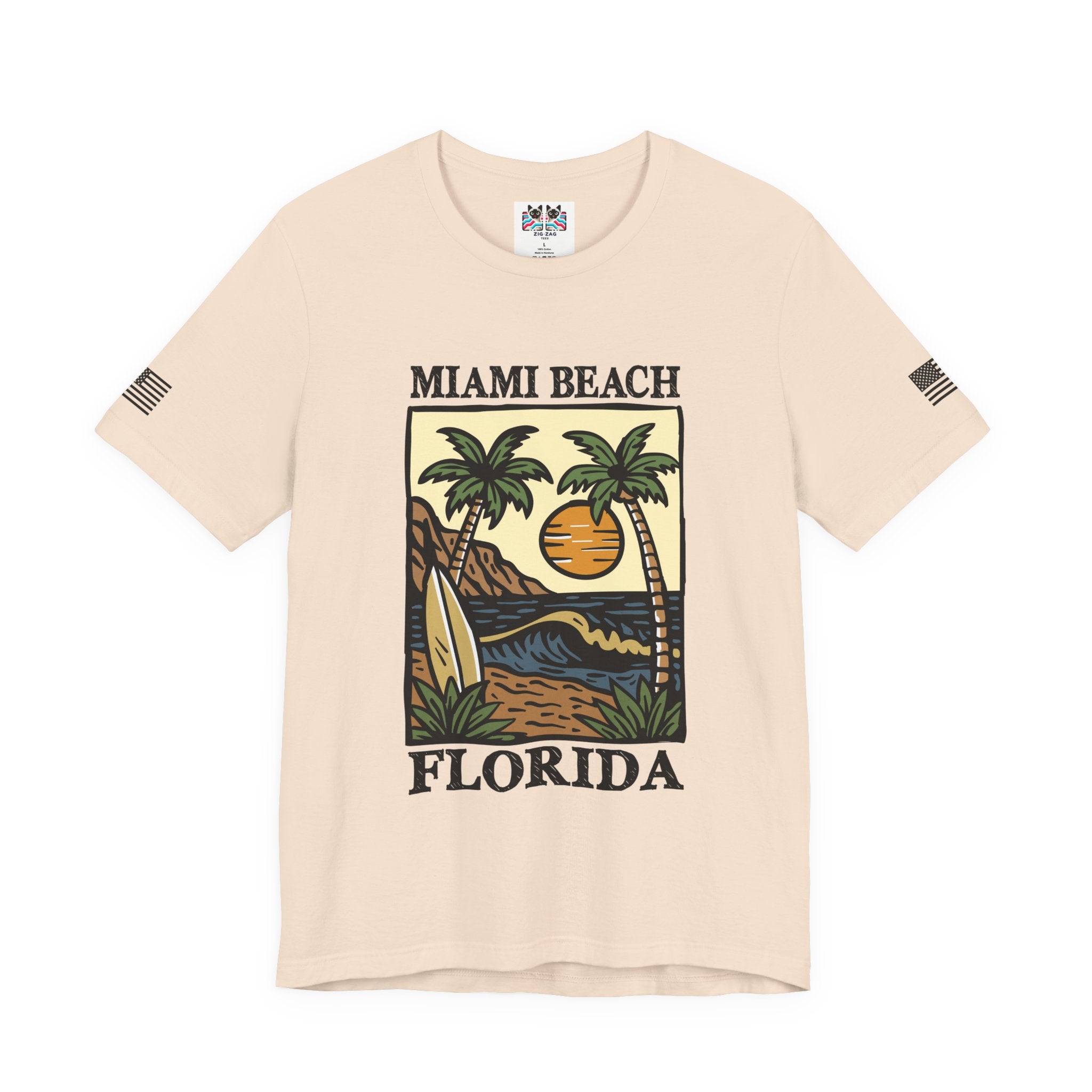 Miami Beach Florida T-Shirt – Illustrated Surfboard Palm Tree Sunset Beach Scene Tee