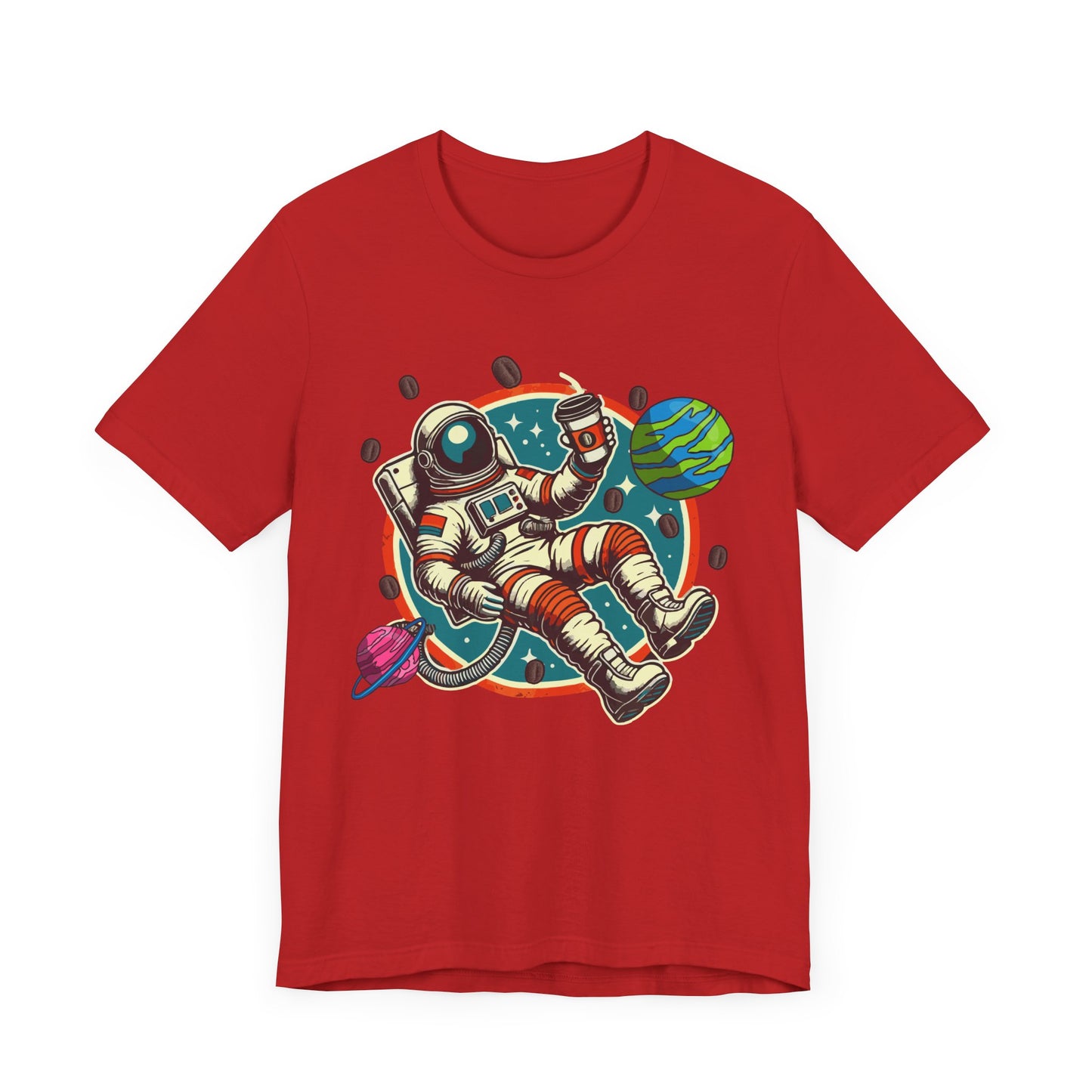 Space Coffee Break | Astronaut Floating with Coffee Cup & Planets Graphic T-Shirt