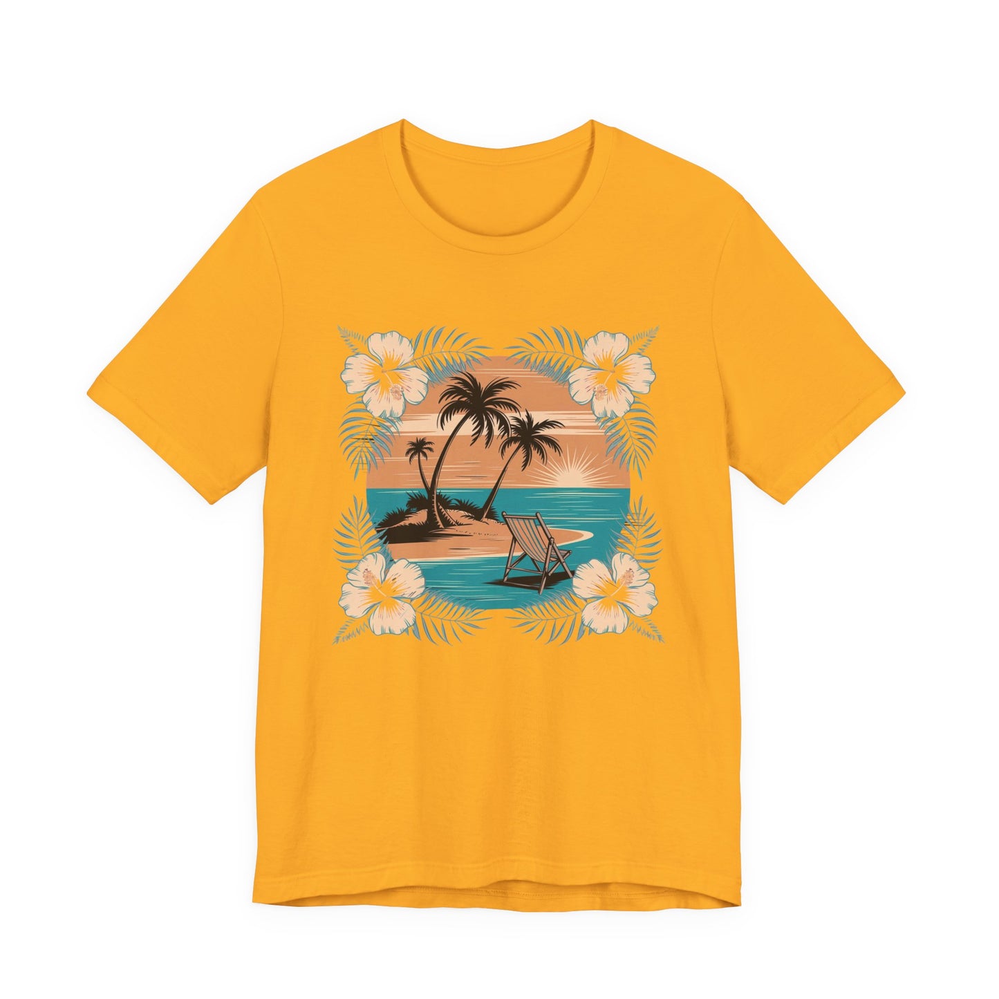 Tropical Escape – Beach Island Sunset with Floral Border Graphic T-Shirt