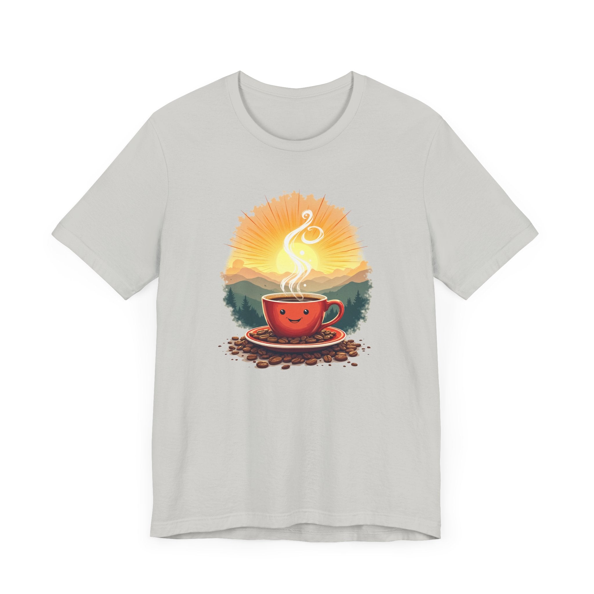 Sunrise Coffee Cup with Coffee Beans and Radiant Morning Glow Graphic T-Shirt