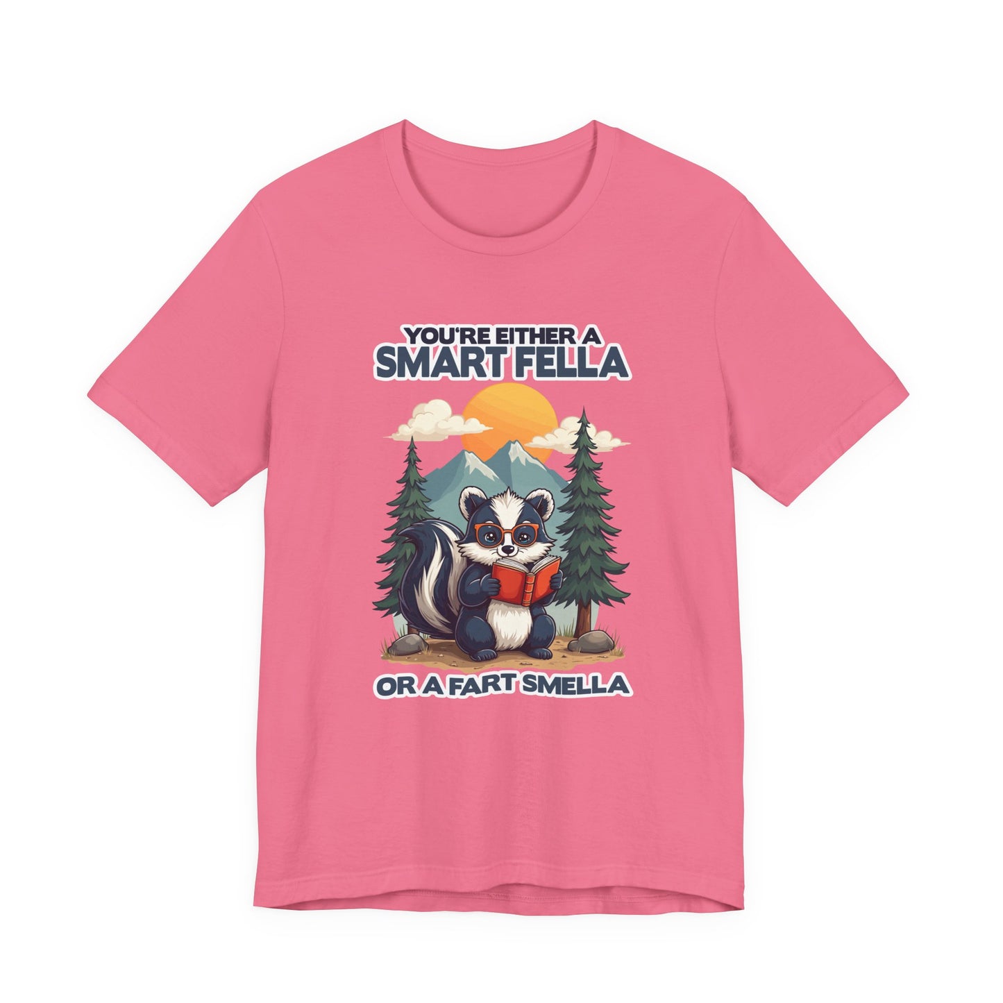 You're Either a Smart Fella or a Fart Smella Tshirt – Skunk in Colorful Space Suit with Sun & Mountain Background
