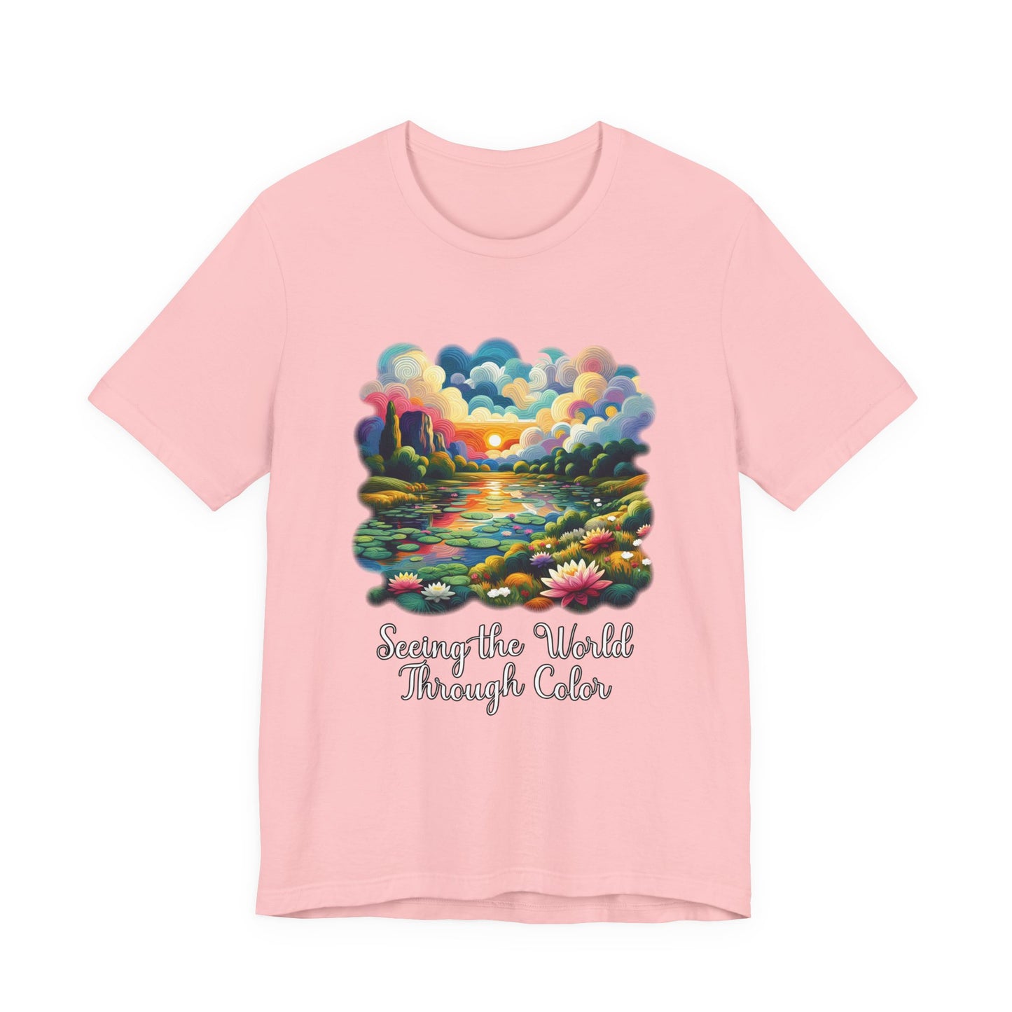 Impressionist Seeing the World Through Color Tshirt – Colorful Lotus Pond with Sunset Graphic