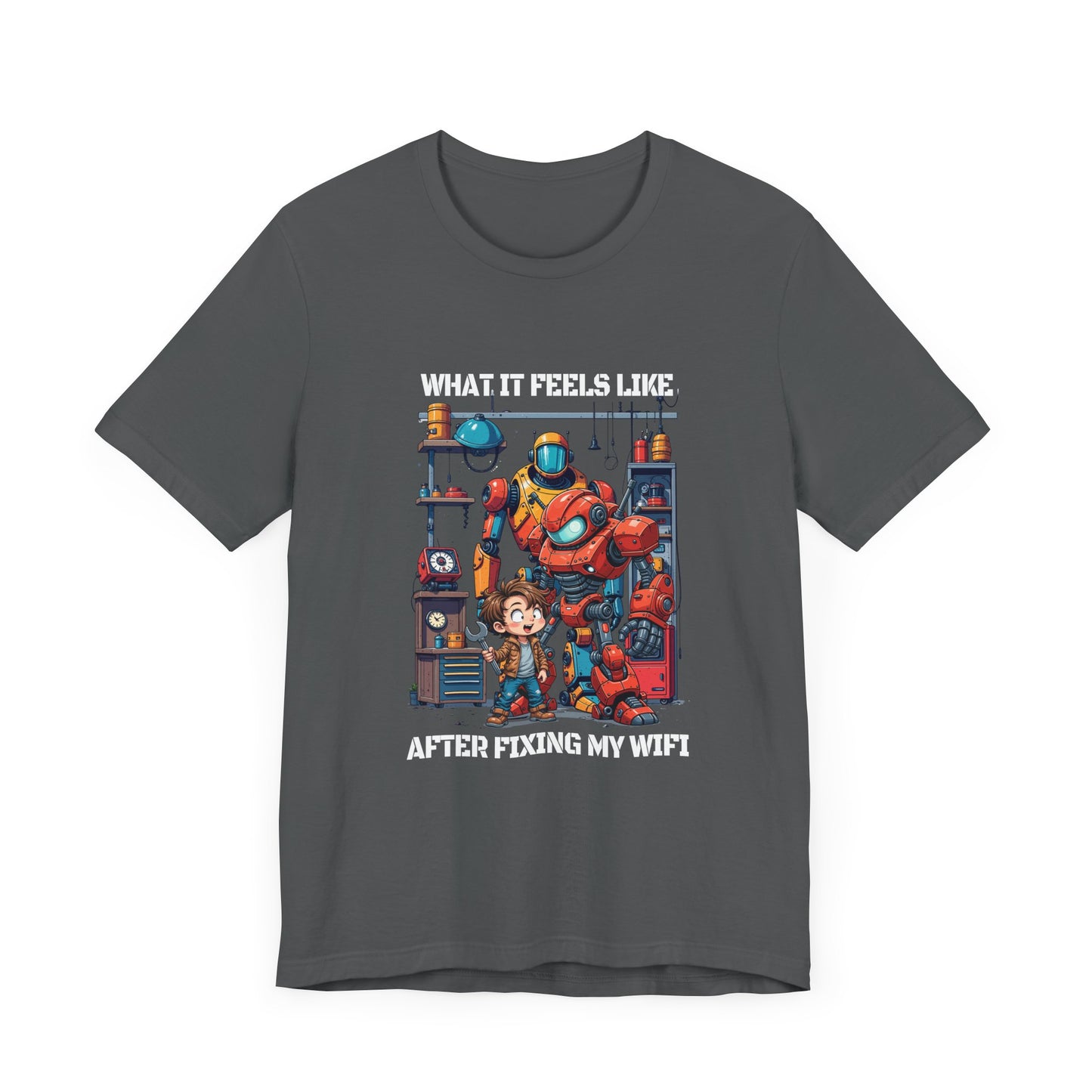 What It Feels Like After Fixing My WIFI – Joyful Boy with Tools Graphic T-Shirt
