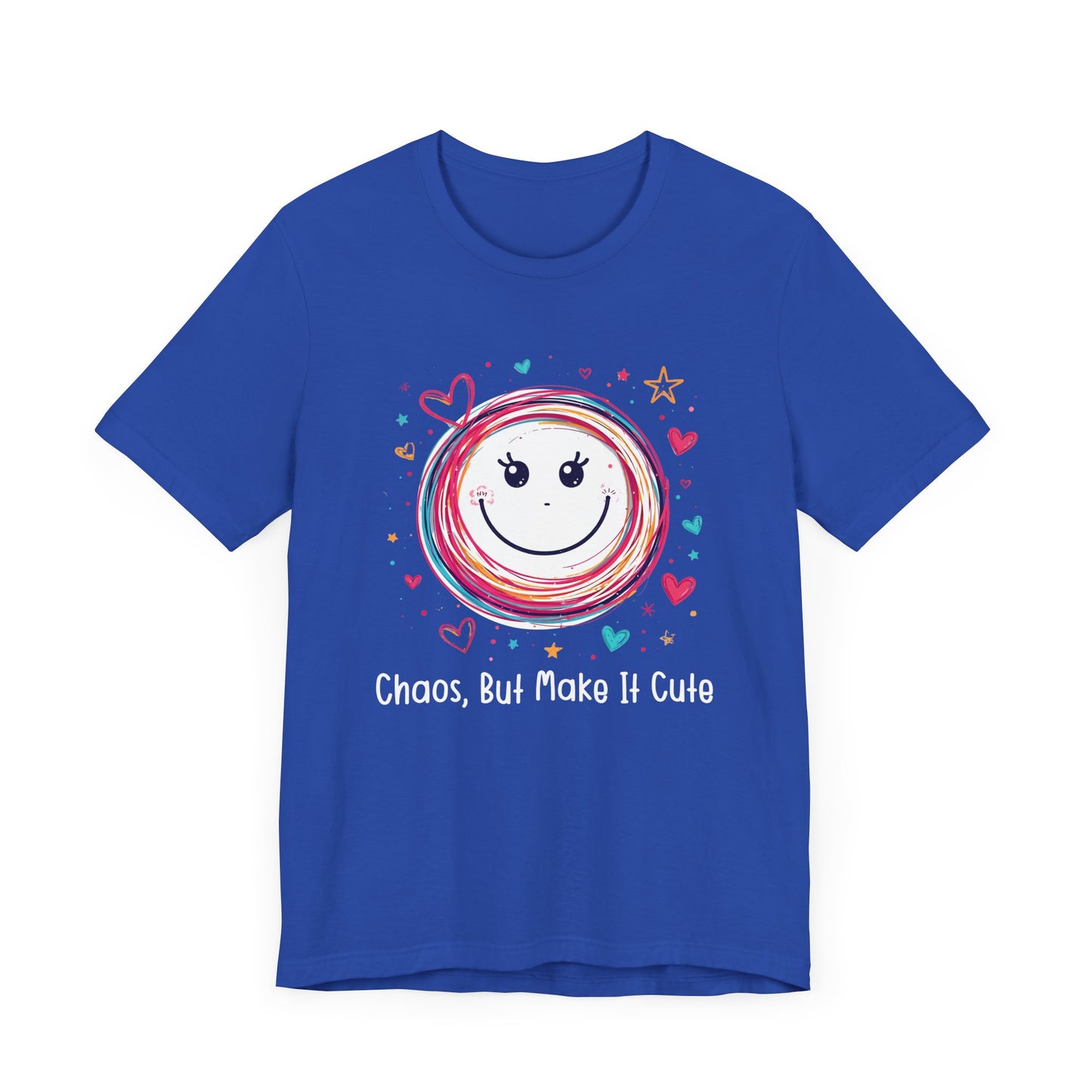 Chaos, But Make It Cute – Colorful Scribbled Circles with Smiley, Hearts & Stars Graphic T-Shirt