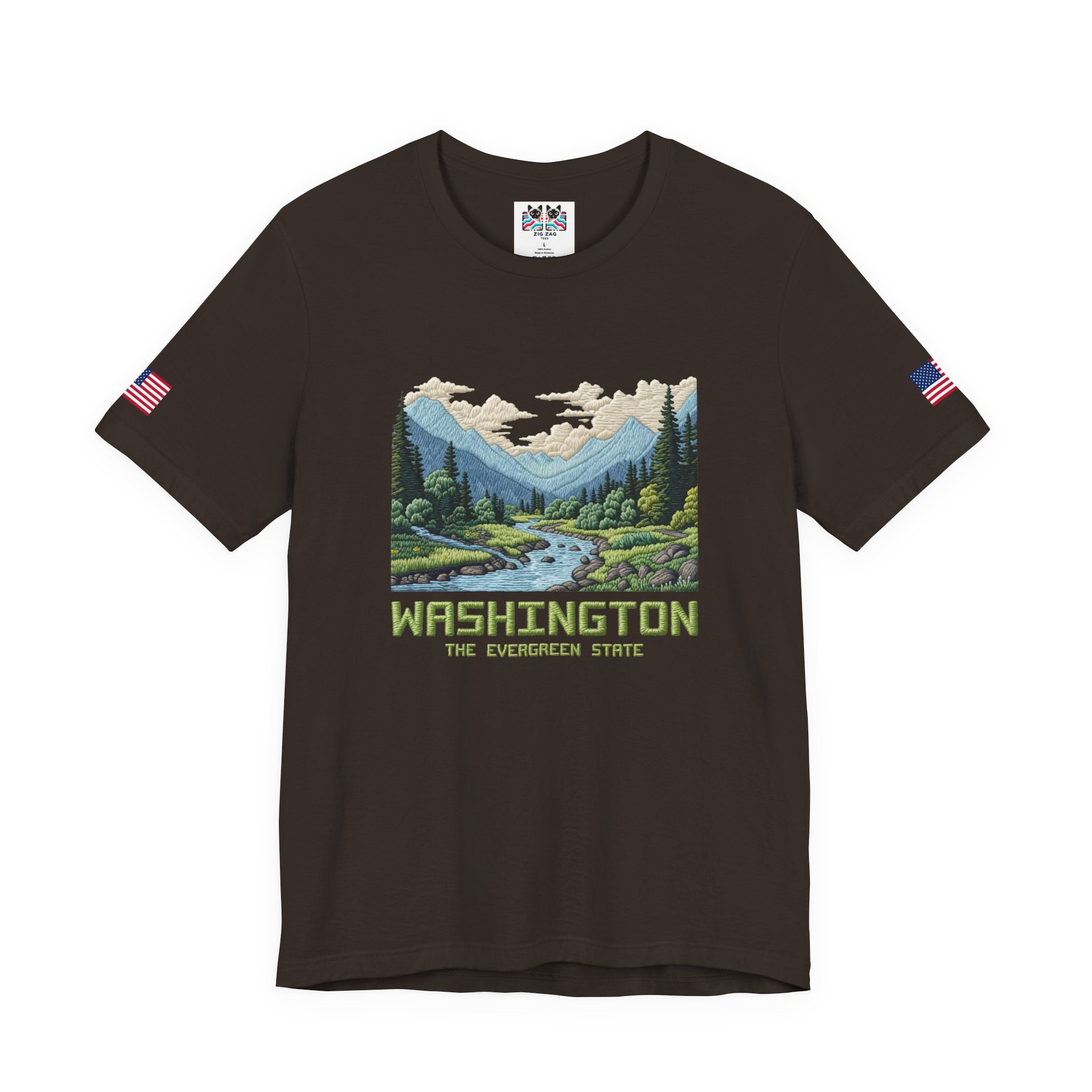 Washington The Evergreen State Embroidery-Style Mountain River Graphic T-Shirt | Pacific Northwest Nature Tee | WA Souvenir