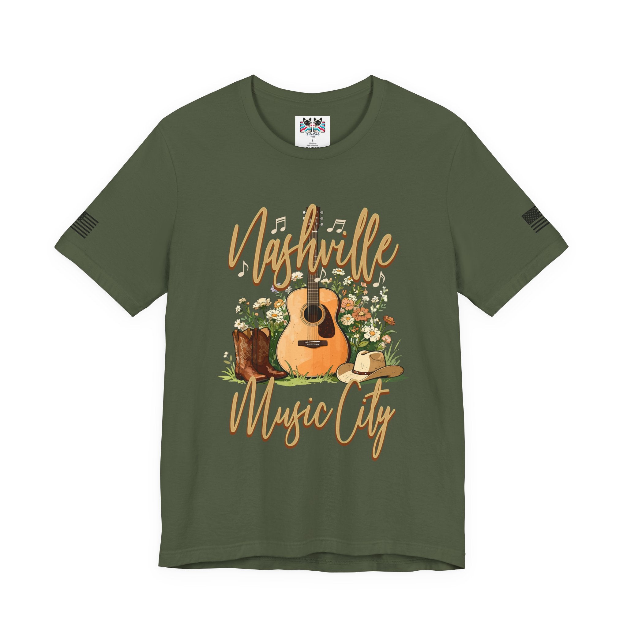 Nashville Music City T-Shirt – Acoustic Guitar Cowboy Hat Boots Floral Script Graphic Tee