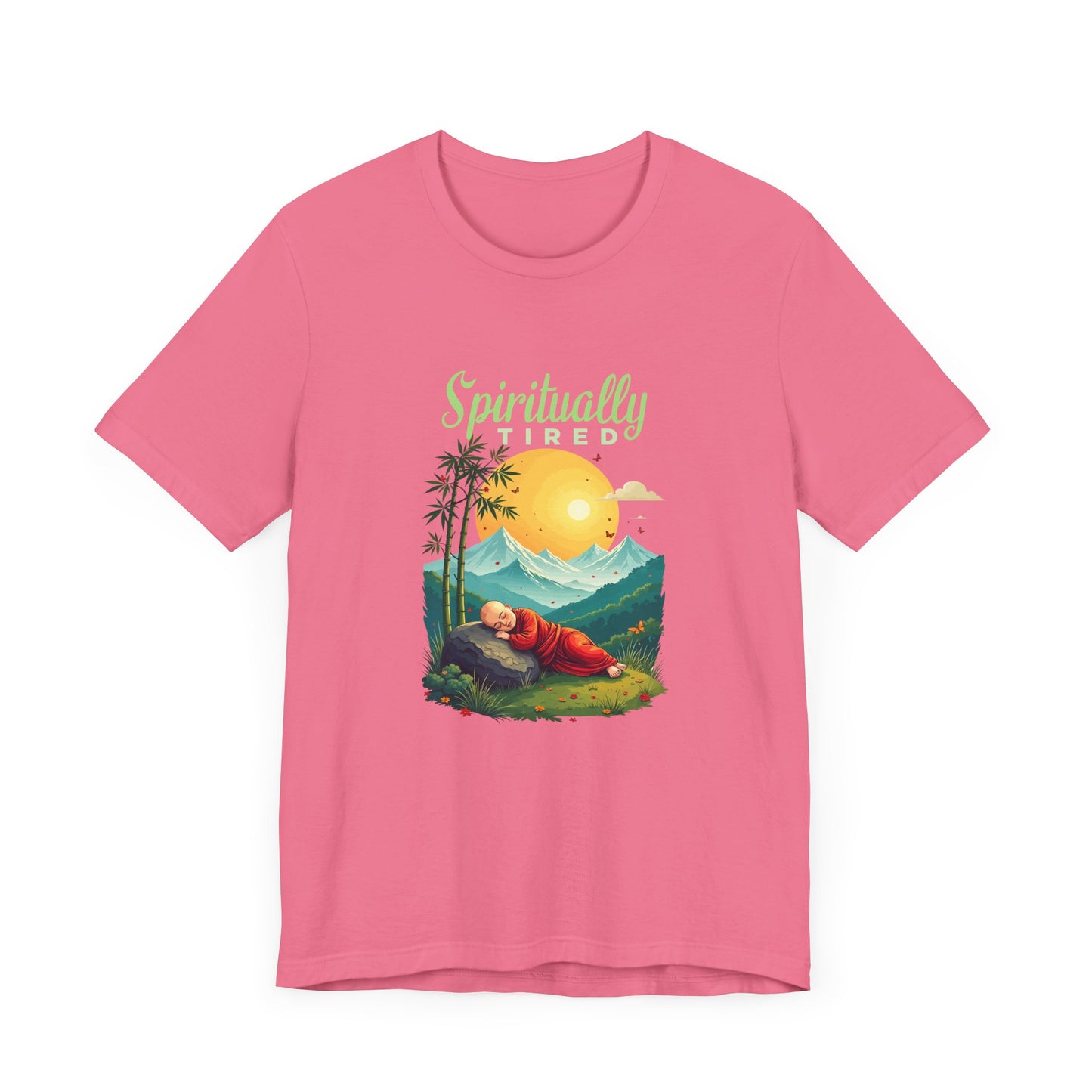 Spiritually Tired – Sleeping Monk Boy in Sunrise Nature Graphic T-Shirt