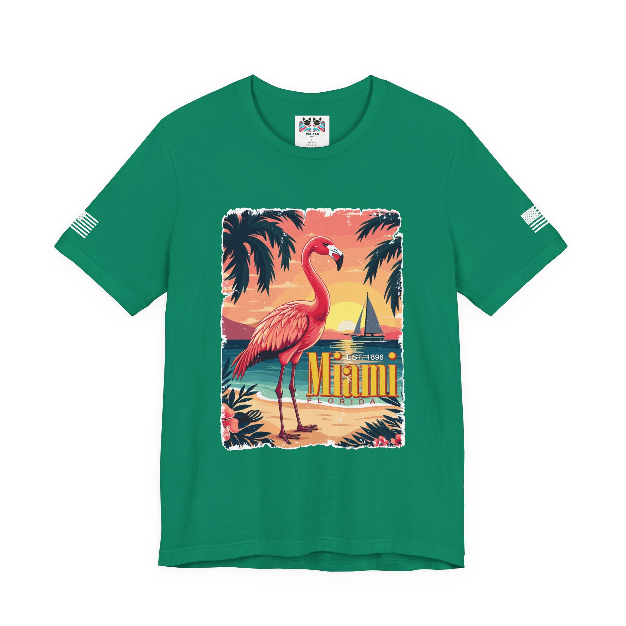Miami Florida EST 1896 T-Shirt – Flamingo Vintage Travel Poster Beach Sunset Tee